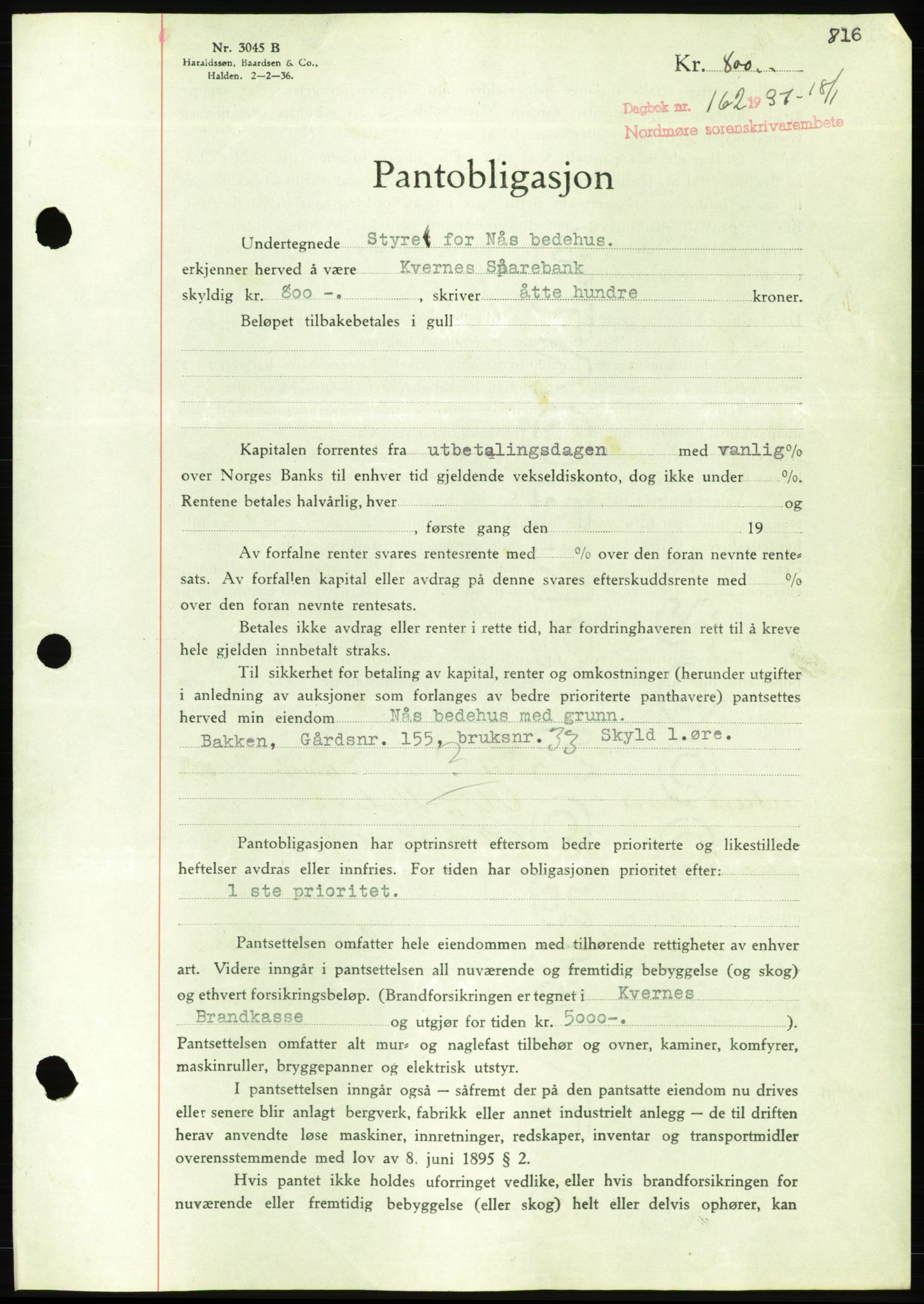 Nordmøre sorenskriveri, AV/SAT-A-4132/1/2/2Ca/L0090: Mortgage book no. B80, 1936-1937, Diary no: : 162/1937