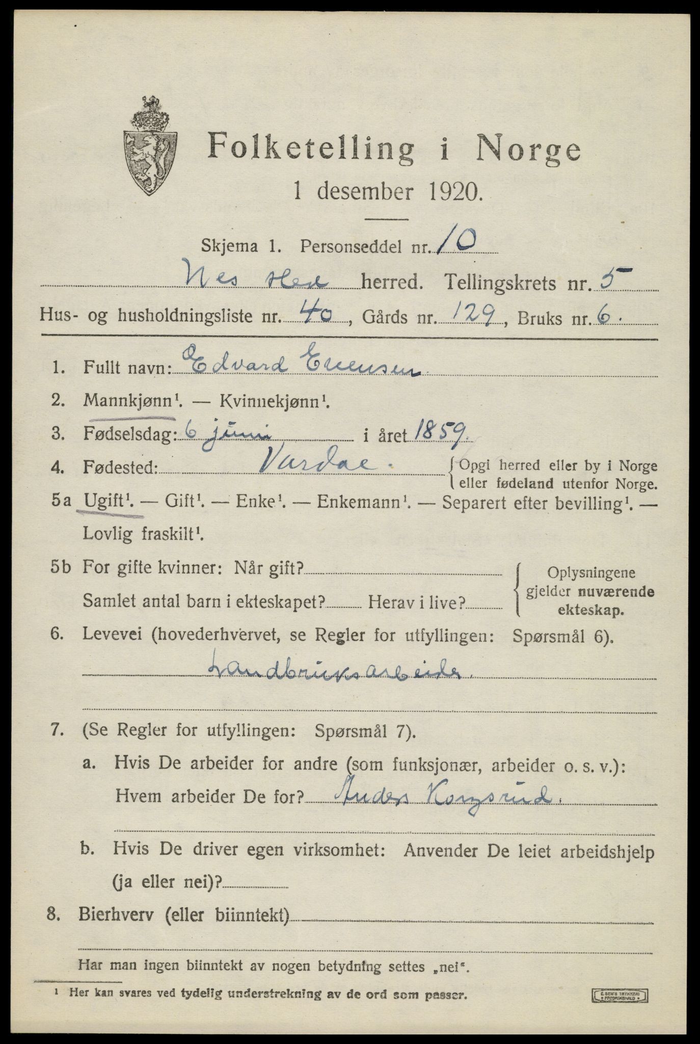 SAH, 1920 census for Nes (Hedmark), 1920, p. 7536