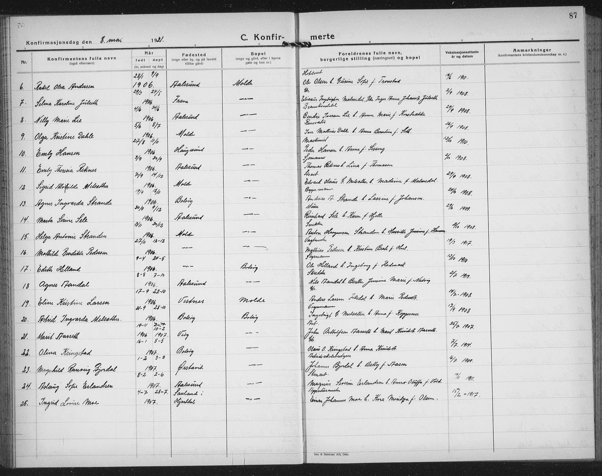 Ministerialprotokoller, klokkerbøker og fødselsregistre - Møre og Romsdal, SAT/A-1454/558/L0704: Parish register (copy) no. 558C05, 1921-1942, p. 87