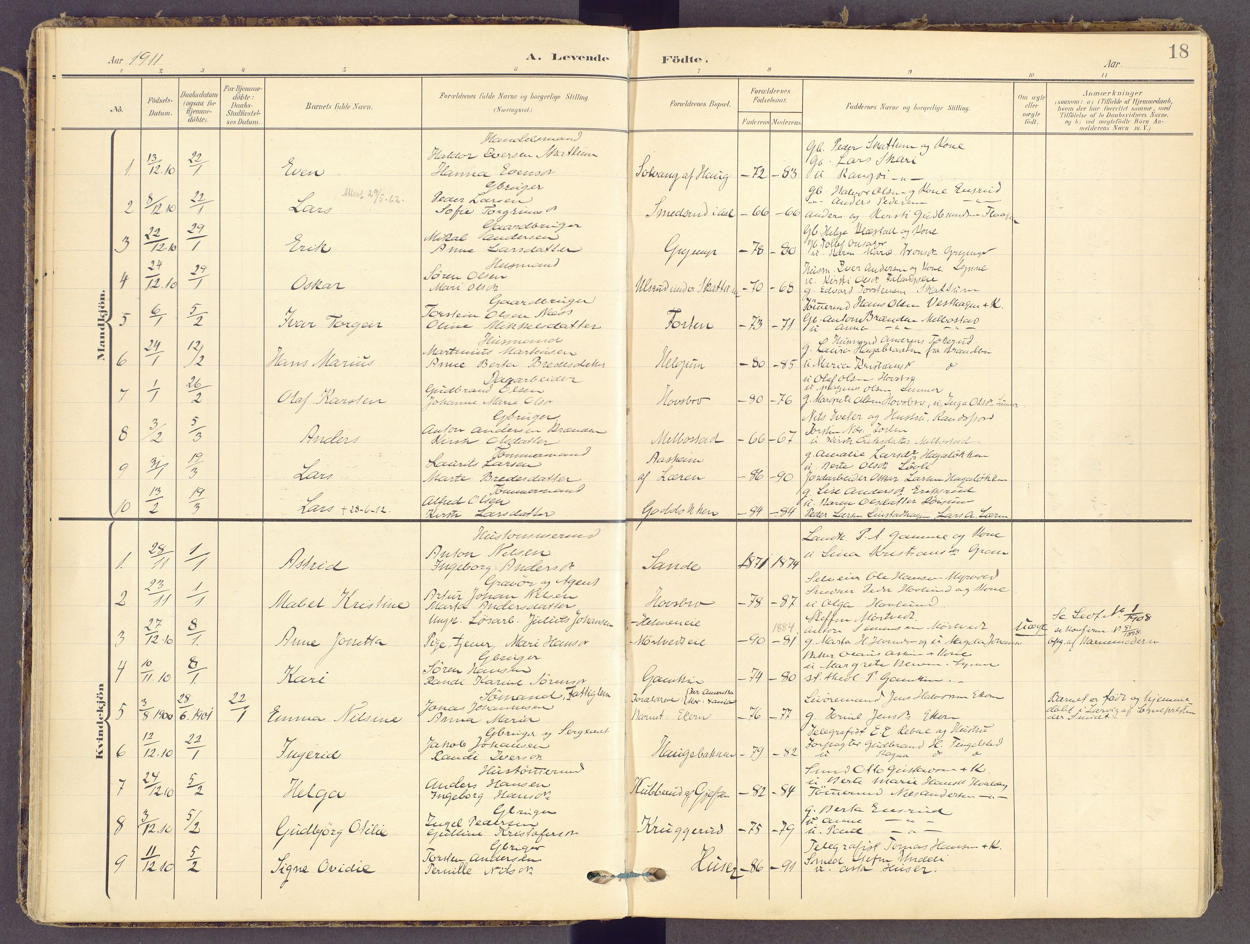 Gran prestekontor, SAH/PREST-112/H/Ha/Haa/L0021: Parish register (official) no. 21, 1908-1932, p. 18