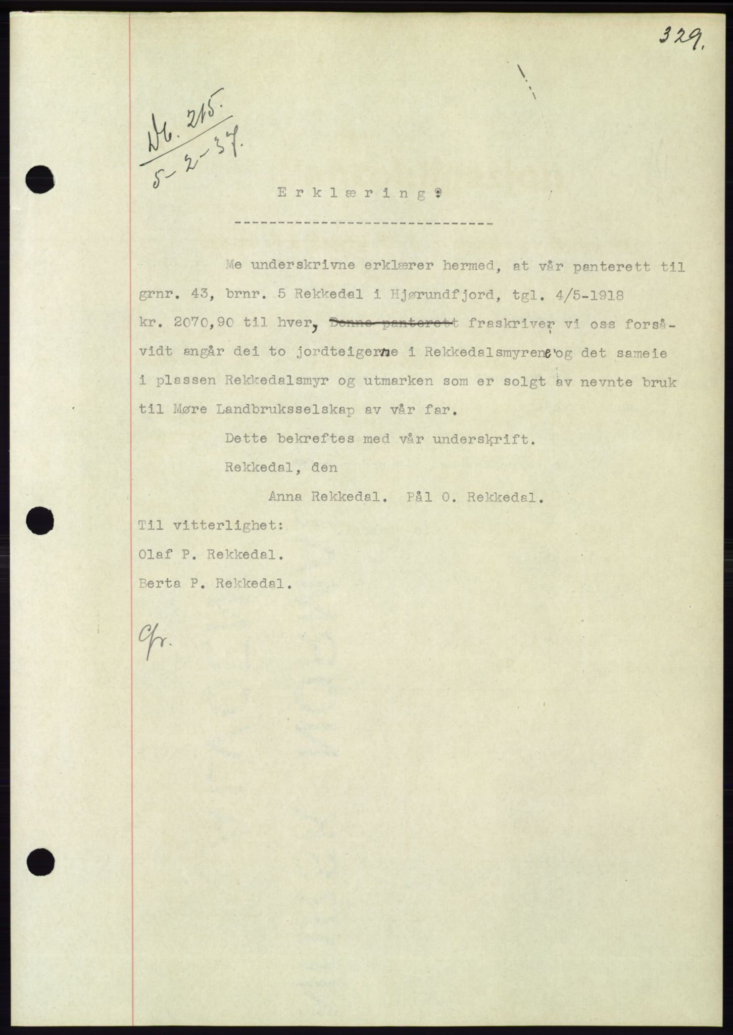 Søre Sunnmøre sorenskriveri, SAT/A-4122/1/2/2C/L0062: Mortgage book no. 56, 1936-1937, Diary no: : 215/1937