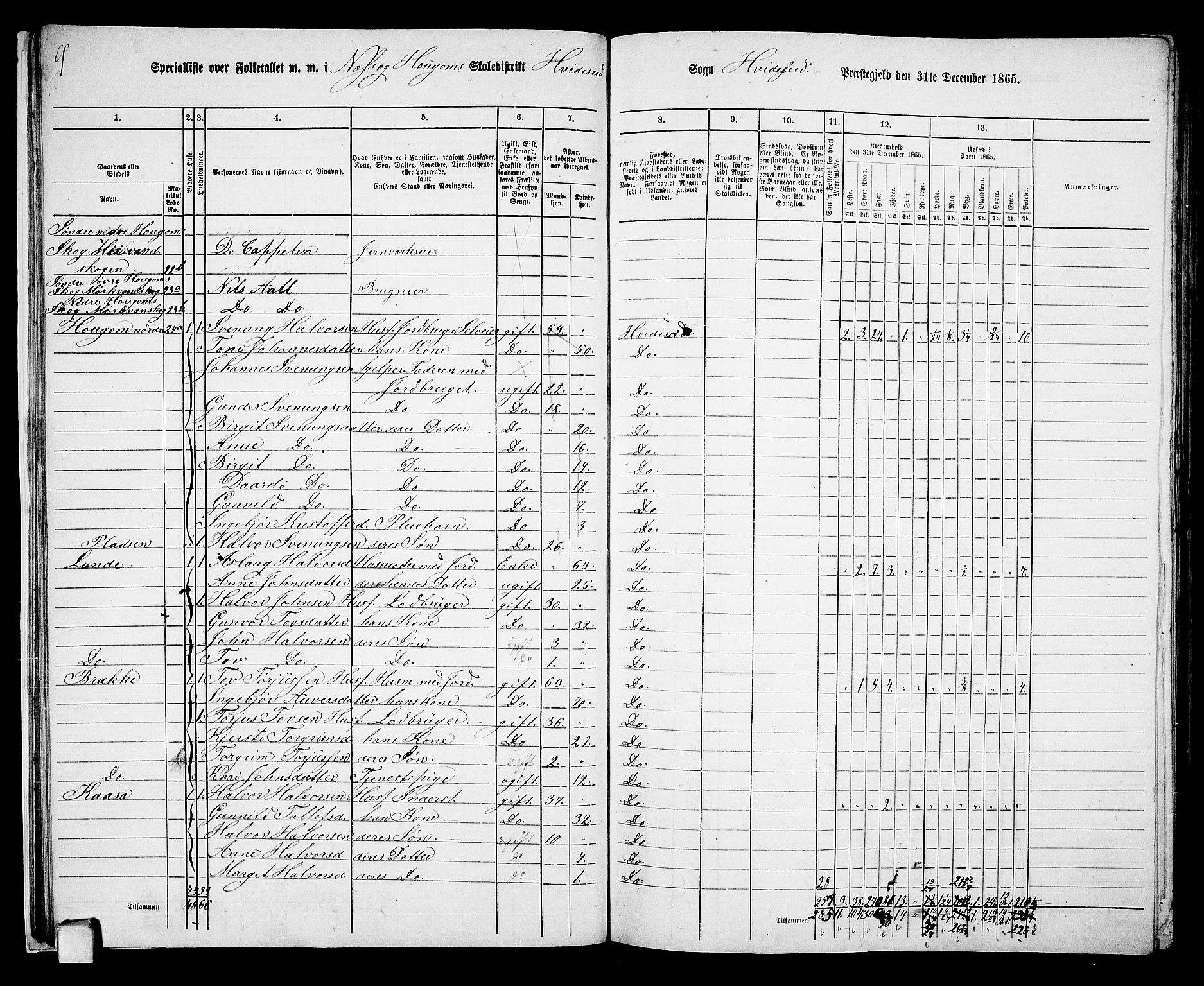 RA, 1865 census for Kviteseid, 1865, p. 20