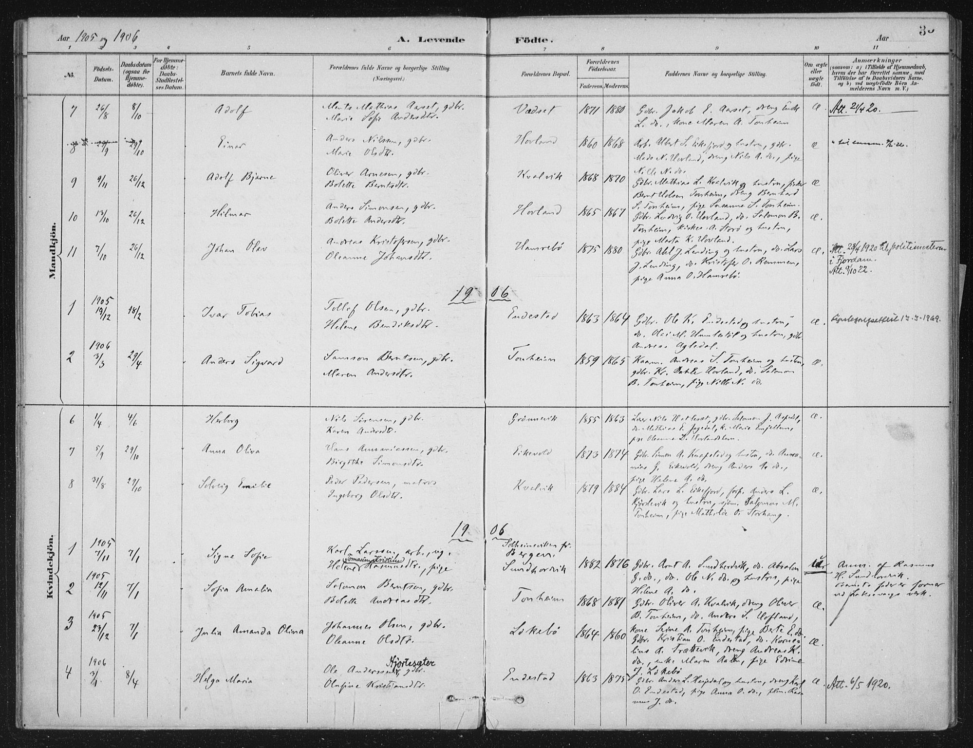 Kinn sokneprestembete, AV/SAB-A-80801/H/Haa/Haae/L0001: Parish register (official) no. E 1, 1890-1916, p. 35