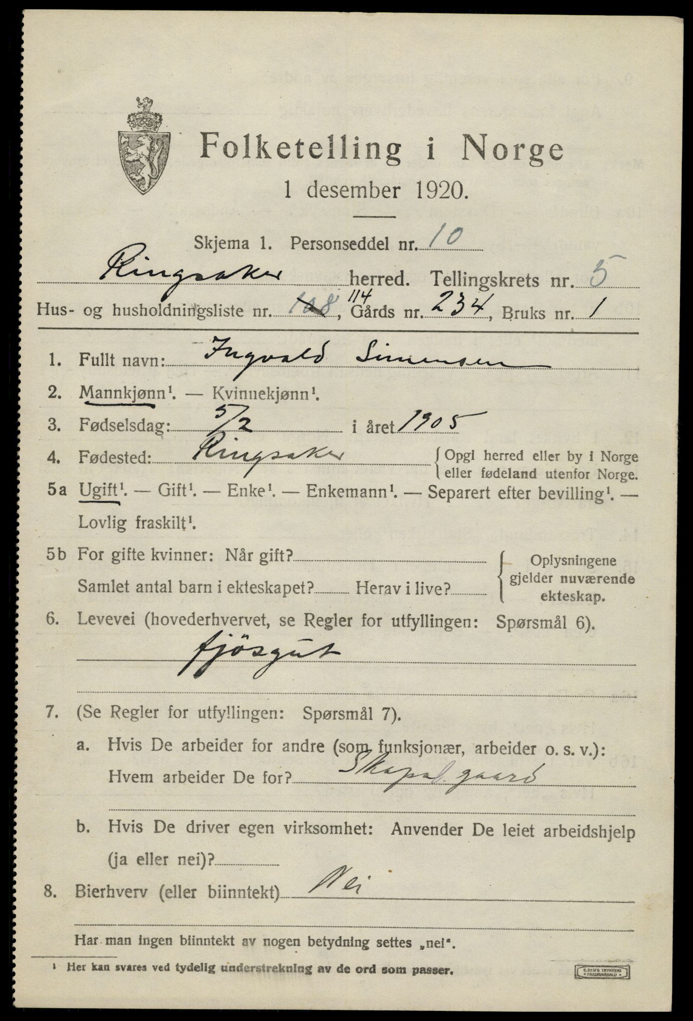 SAH, 1920 census for Ringsaker, 1920, p. 11192