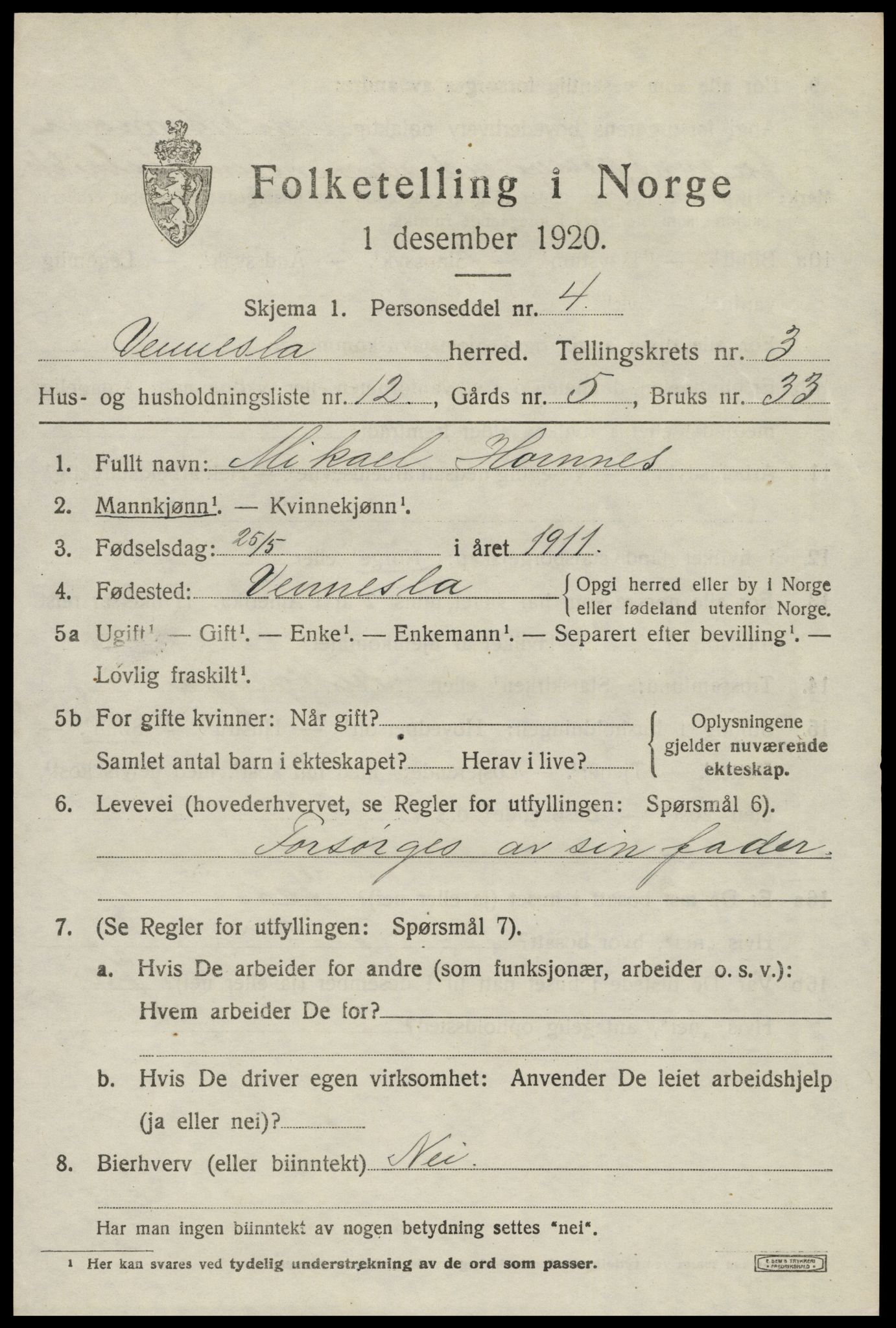 SAK, 1920 census for Vennesla, 1920, p. 2354