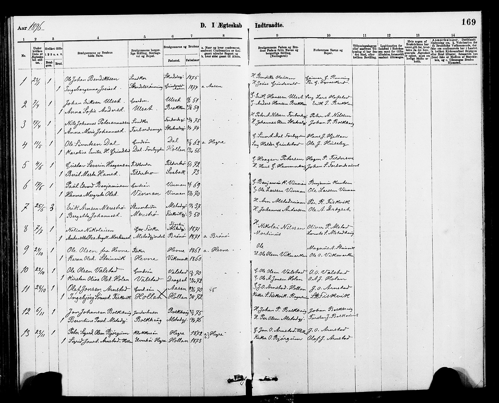 Ministerialprotokoller, klokkerbøker og fødselsregistre - Nord-Trøndelag, AV/SAT-A-1458/712/L0103: Parish register (copy) no. 712C01, 1878-1917, p. 169