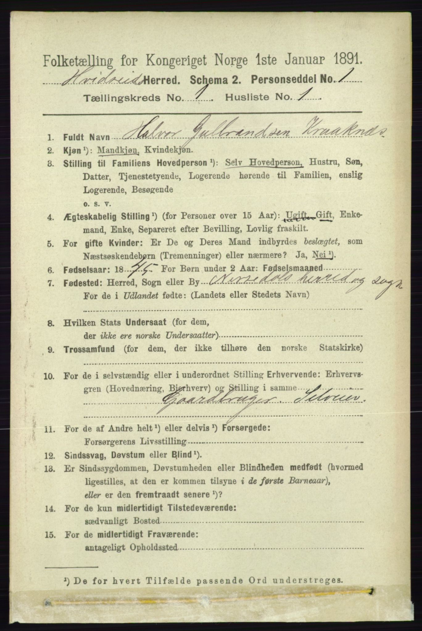 RA, 1891 census for 0829 Kviteseid, 1891, p. 77