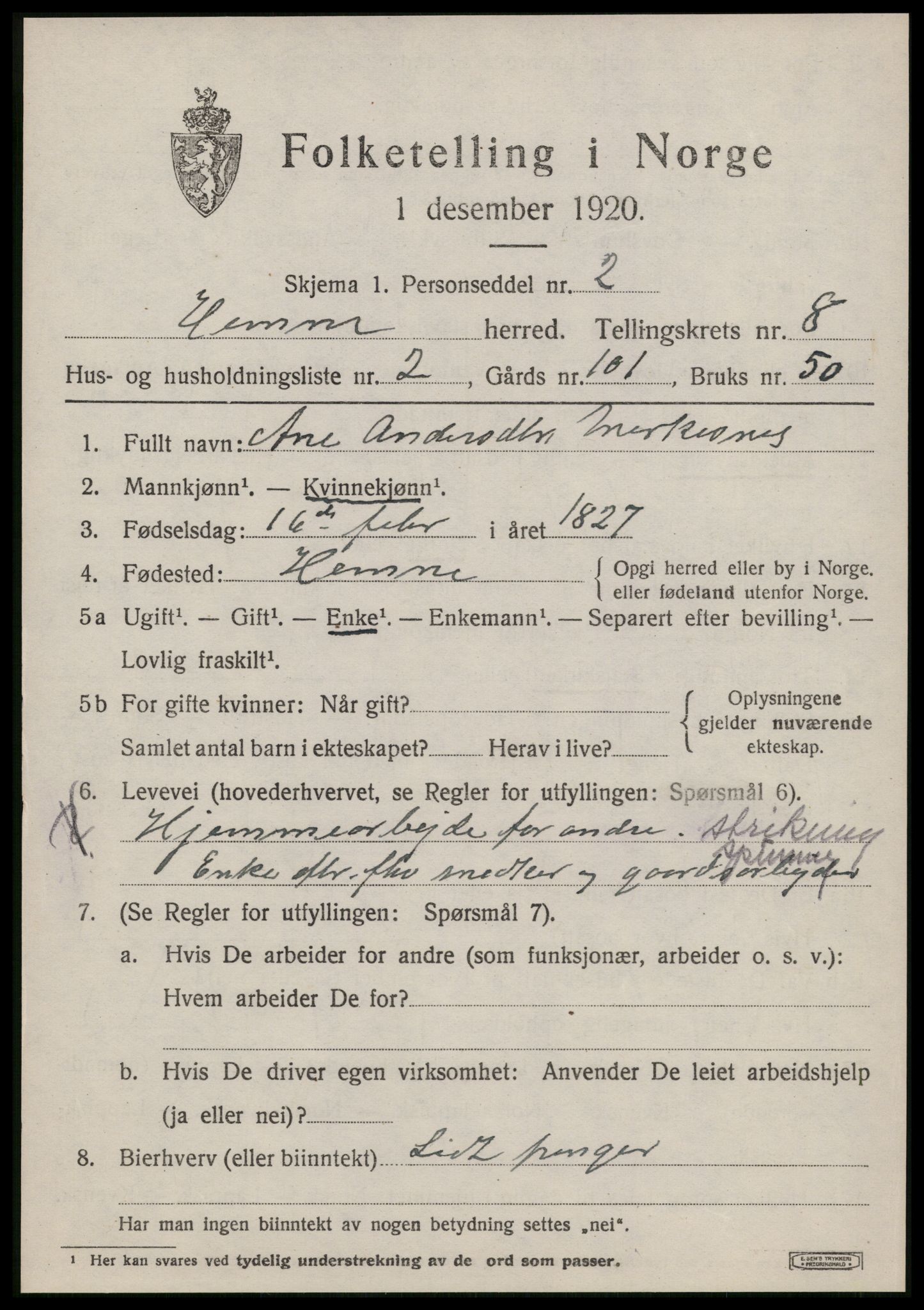 SAT, 1920 census for Hemne, 1920, p. 4686