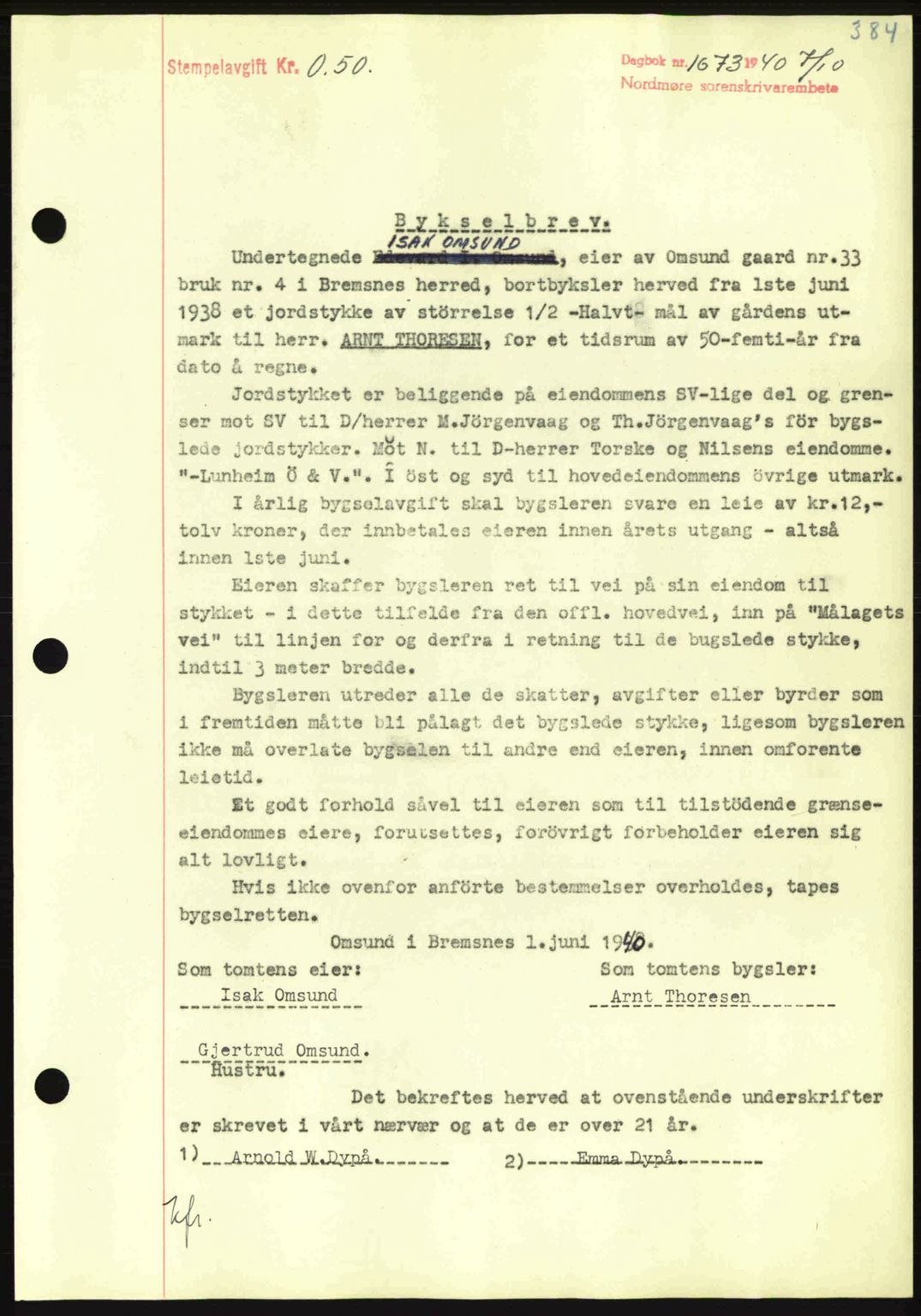 Nordmøre sorenskriveri, AV/SAT-A-4132/1/2/2Ca: Mortgage book no. B87, 1940-1941, Diary no: : 1673/1940