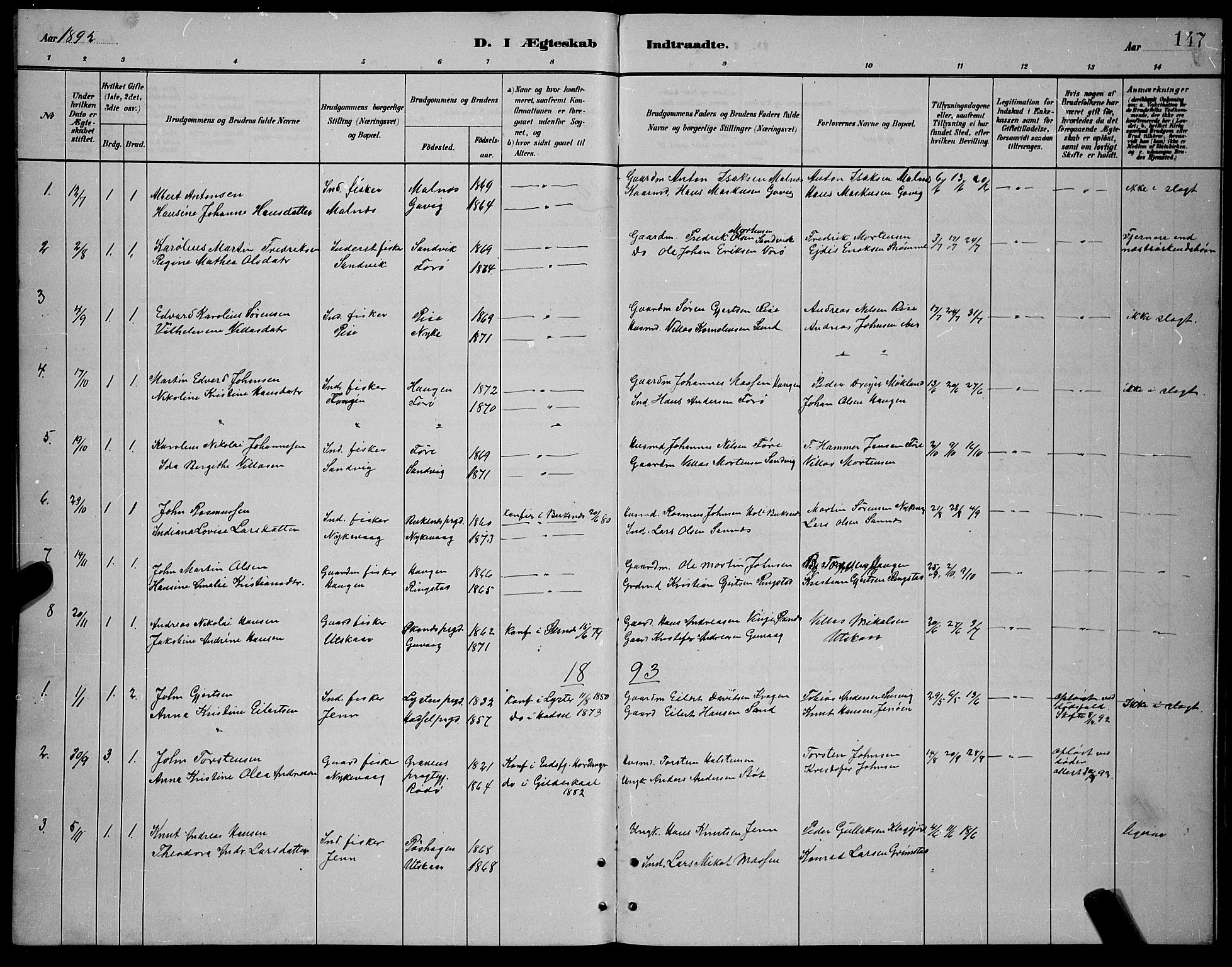 Ministerialprotokoller, klokkerbøker og fødselsregistre - Nordland, SAT/A-1459/892/L1325: Parish register (copy) no. 892C02, 1878-1896, p. 147