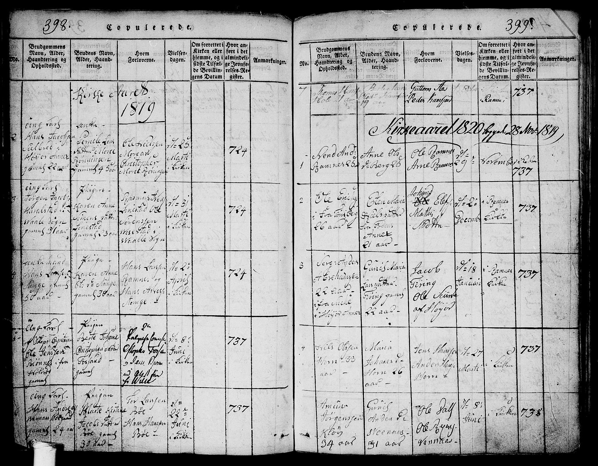 Ramnes kirkebøker, SAKO/A-314/G/Ga/L0001: Parish register (copy) no. I 1, 1813-1847, p. 398-399