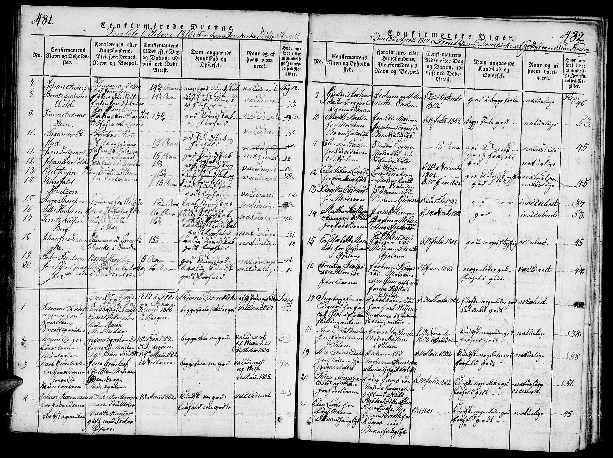 Ministerialprotokoller, klokkerbøker og fødselsregistre - Sør-Trøndelag, SAT/A-1456/601/L0043: Parish register (official) no. 601A11, 1815-1821, p. 481-482