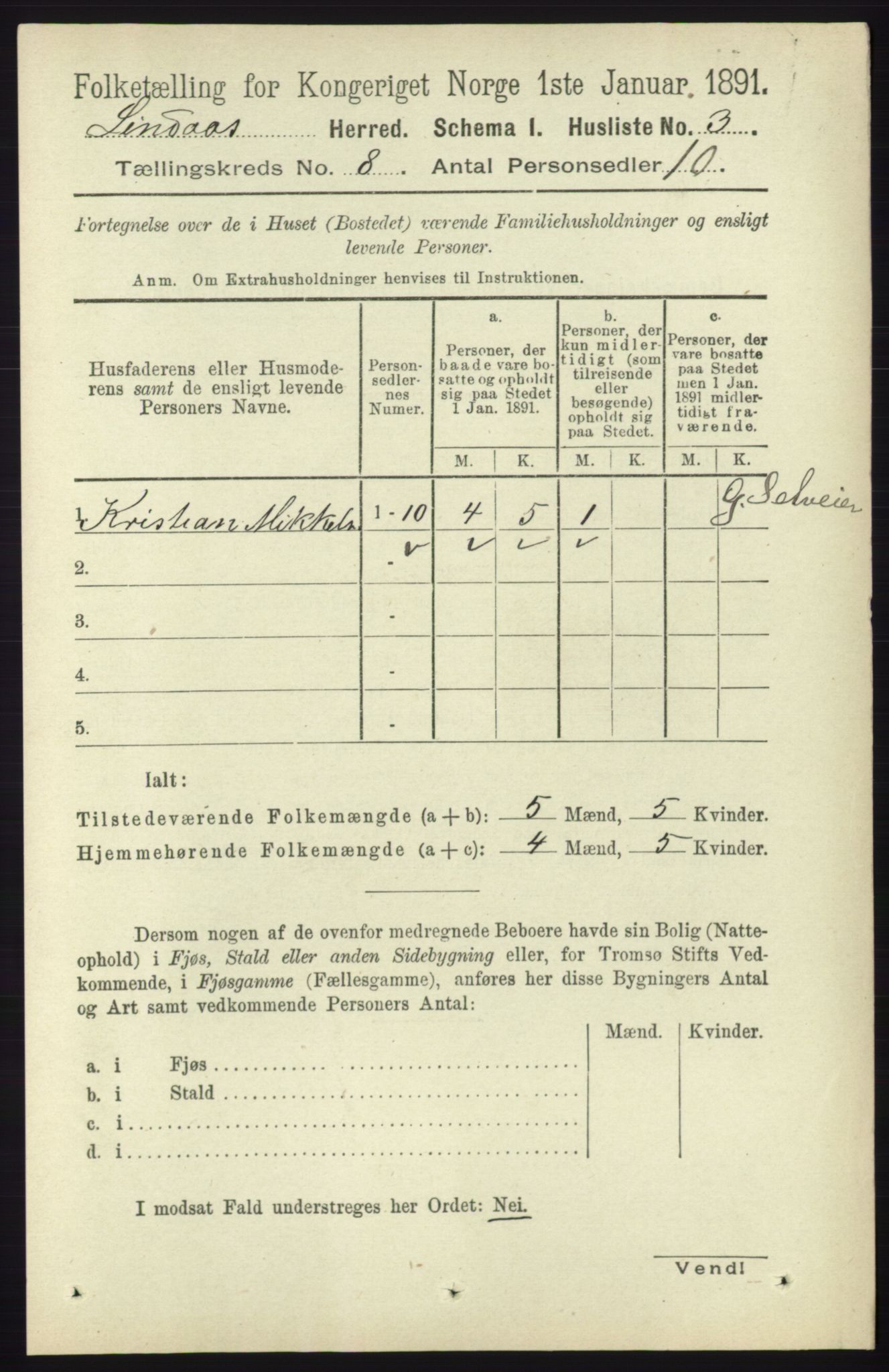 RA, 1891 census for 1263 Lindås, 1891, p. 2355