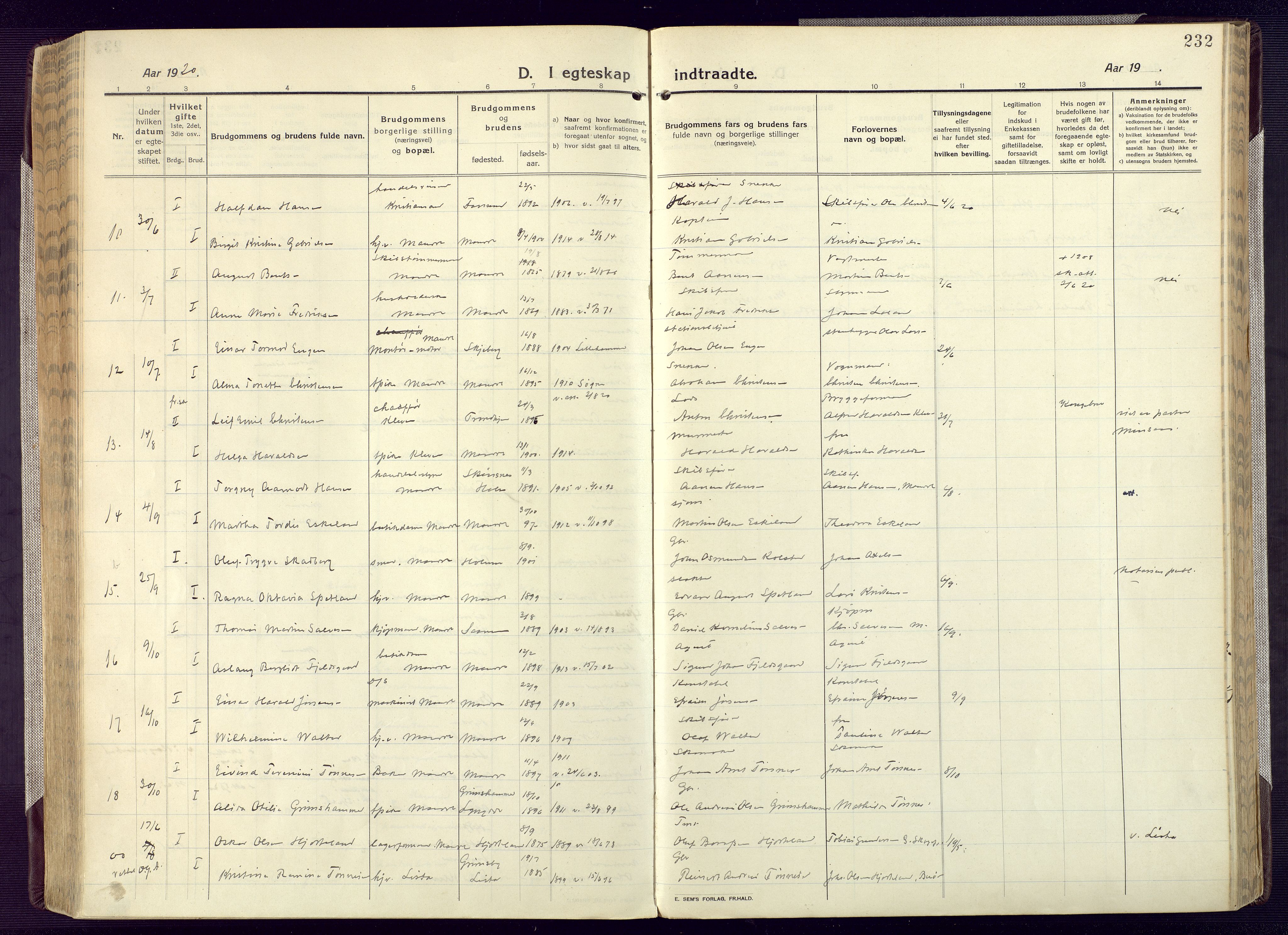 Mandal sokneprestkontor, AV/SAK-1111-0030/F/Fa/Fac/L0001: Parish register (official) no. A 1, 1913-1925, p. 232