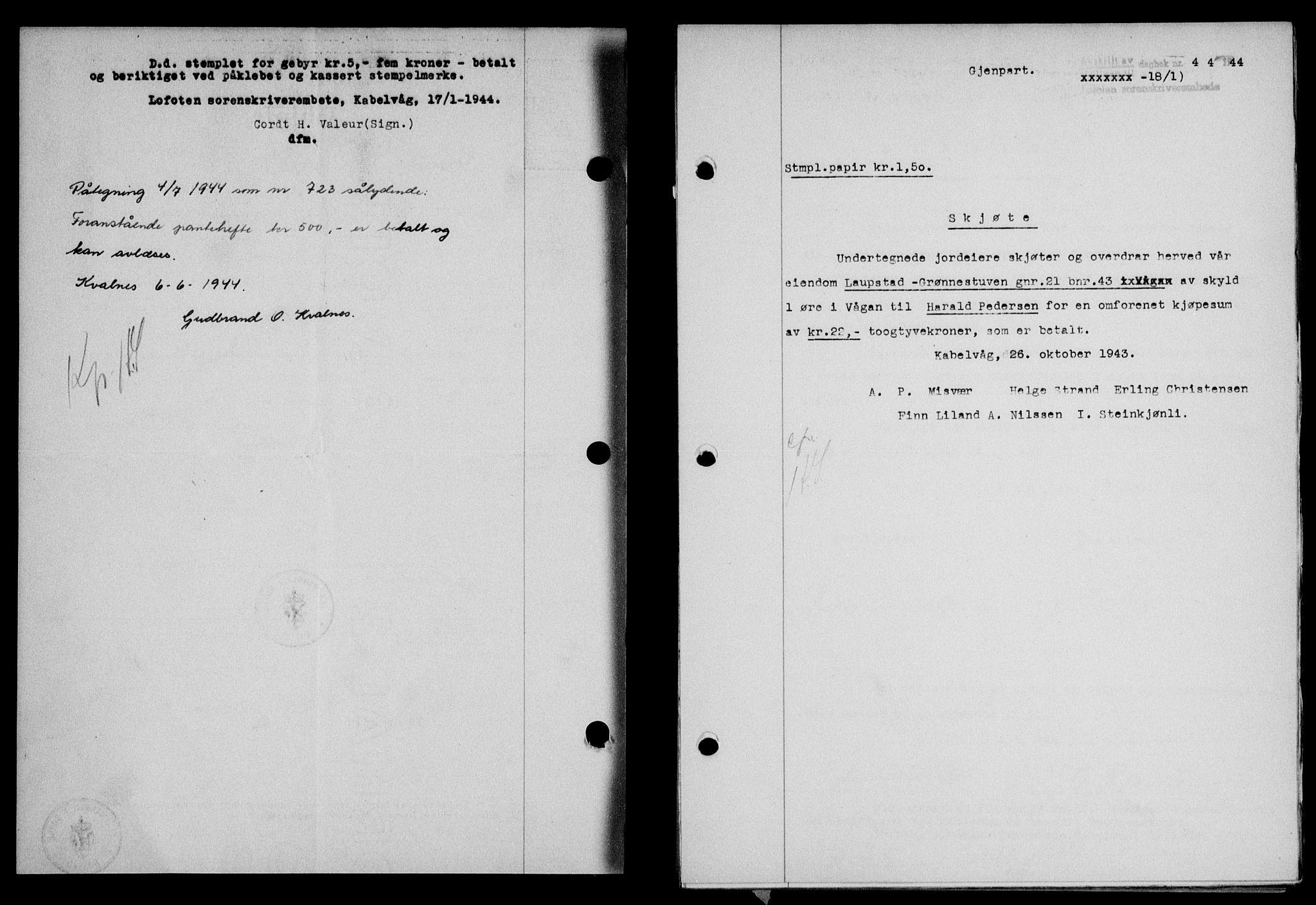 Lofoten sorenskriveri, SAT/A-0017/1/2/2C/L0012a: Mortgage book no. 12a, 1943-1944, Diary no: : 44/1944