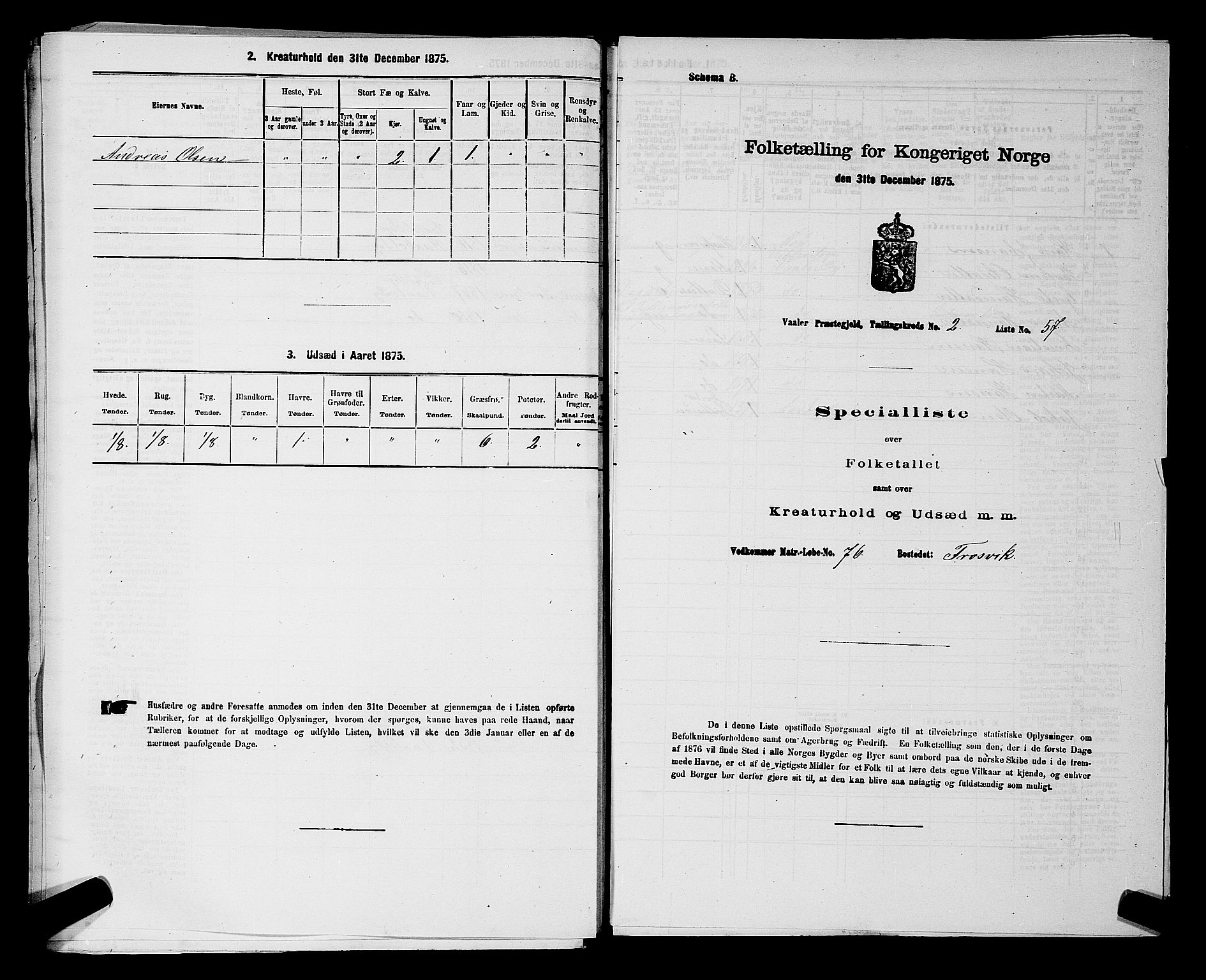 RA, 1875 census for 0137P Våler, 1875, p. 396