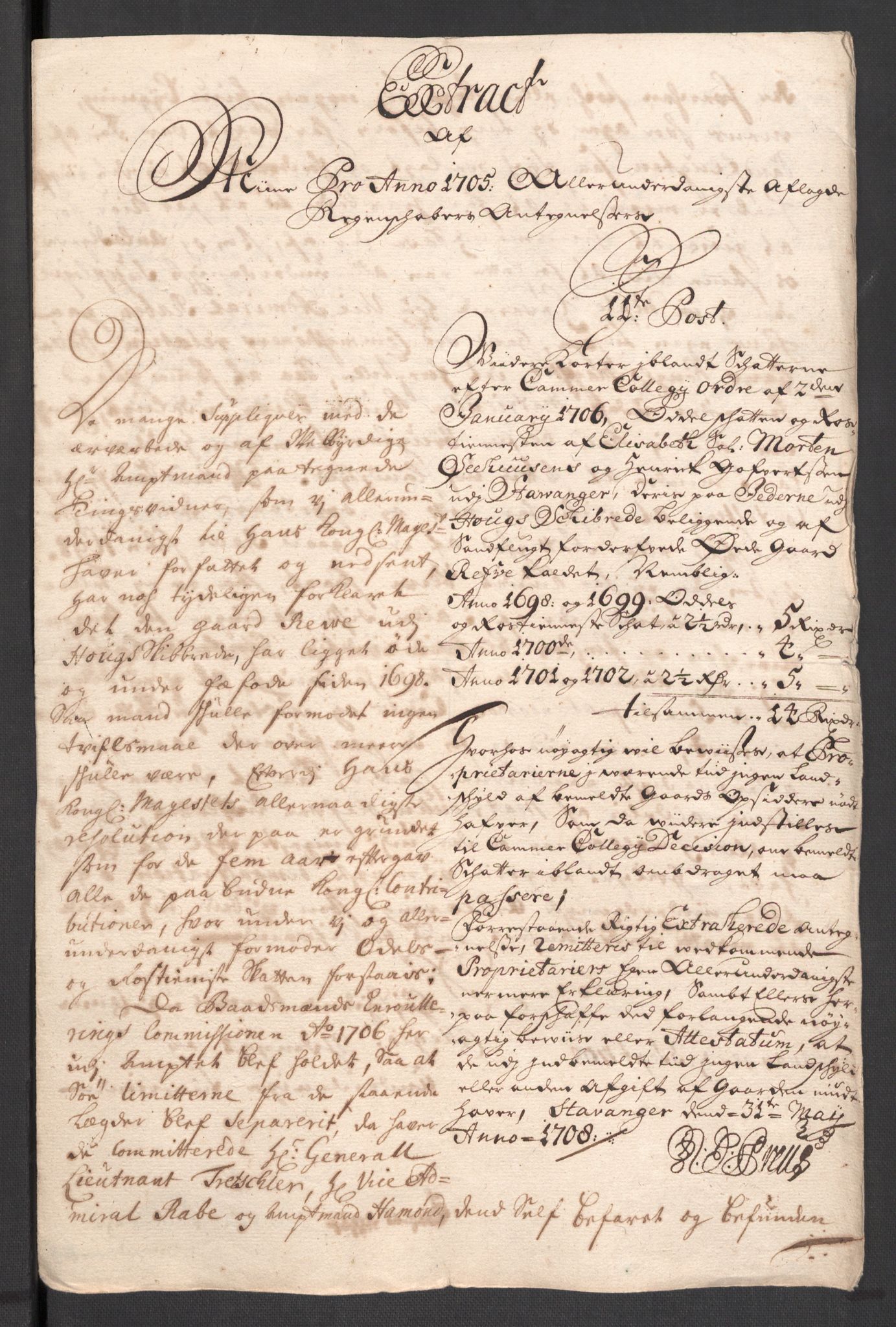 Rentekammeret inntil 1814, Reviderte regnskaper, Fogderegnskap, RA/EA-4092/R46/L2733: Fogderegnskap Jæren og Dalane, 1705-1708, p. 98