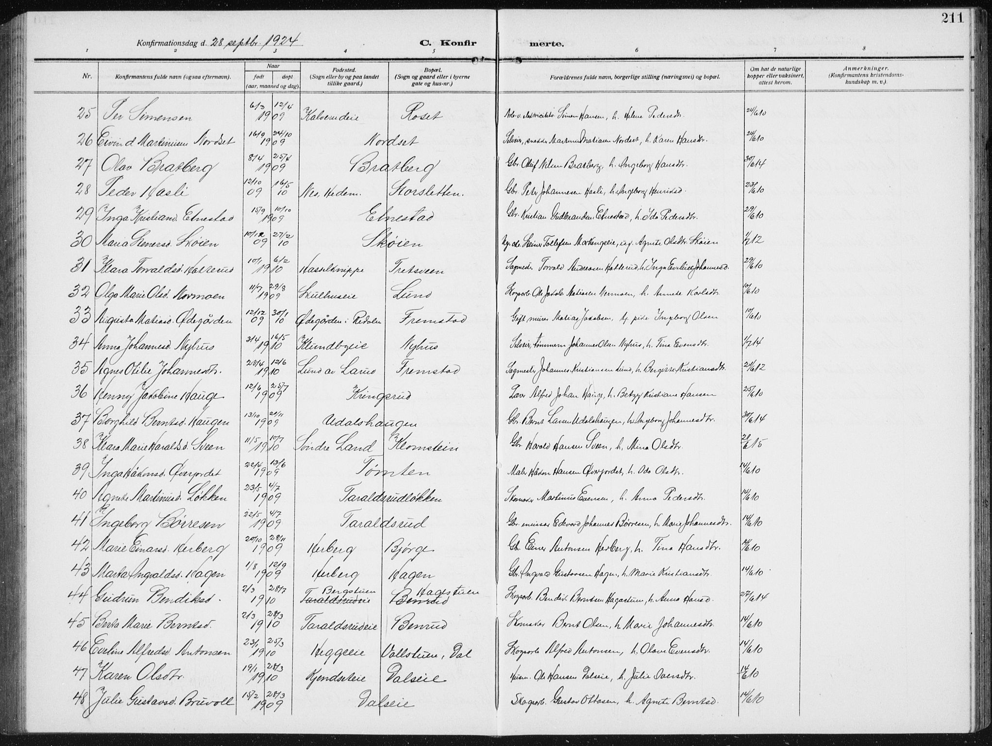 Biri prestekontor, SAH/PREST-096/H/Ha/Hab/L0006: Parish register (copy) no. 6, 1909-1938, p. 211