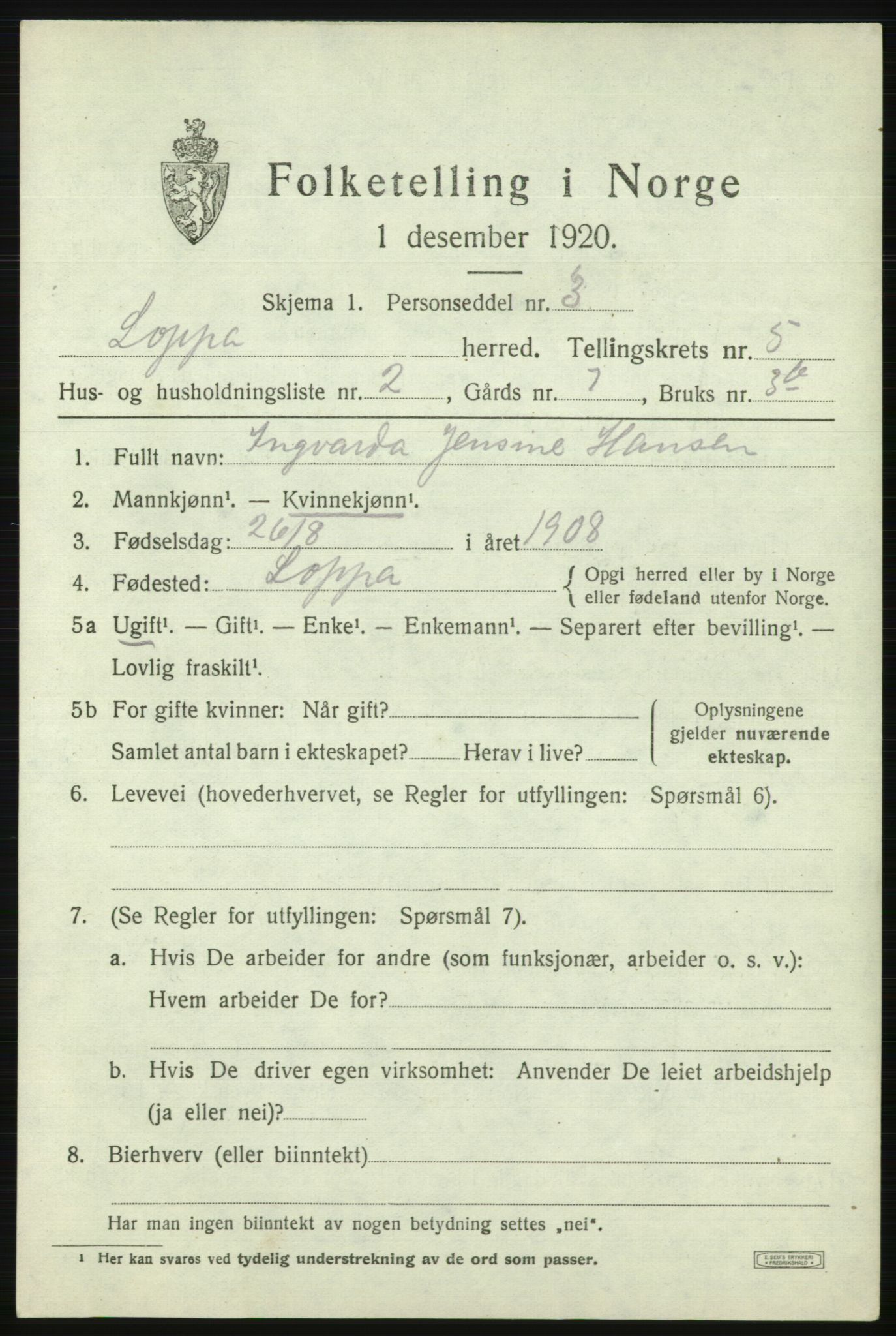 SATØ, 1920 census for Loppa, 1920, p. 1578