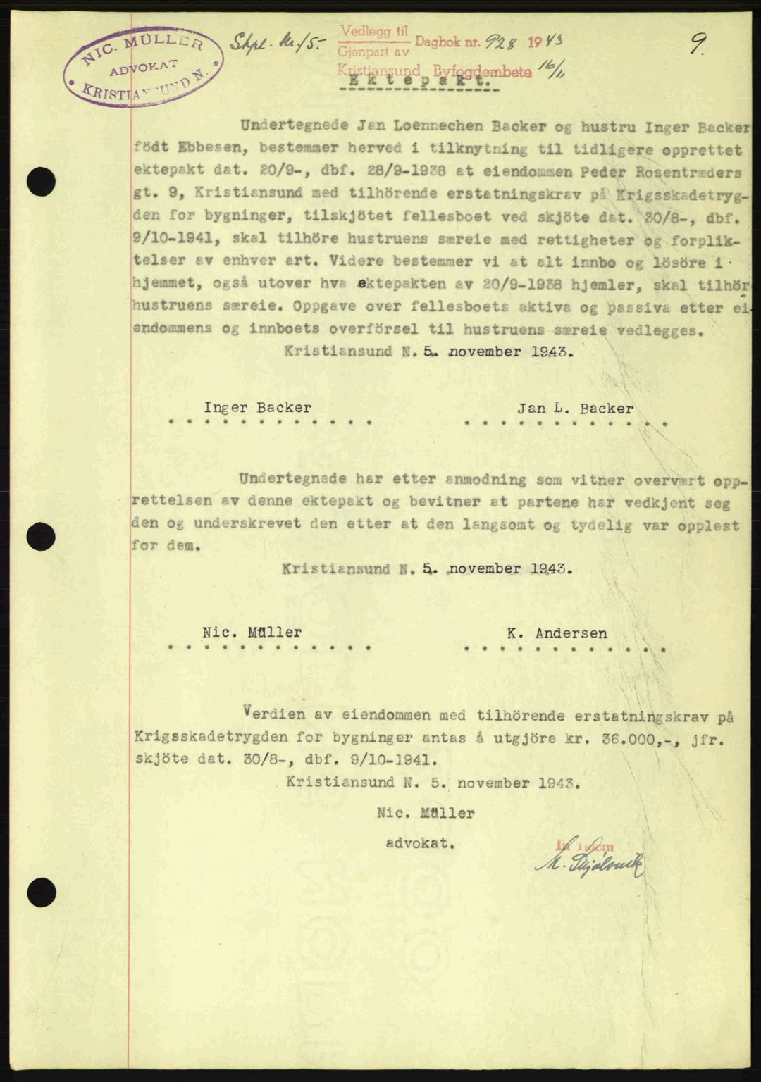 Kristiansund byfogd, AV/SAT-A-4587/A/27: Mortgage book no. 37-38, 1943-1945, Diary no: : 928/1943