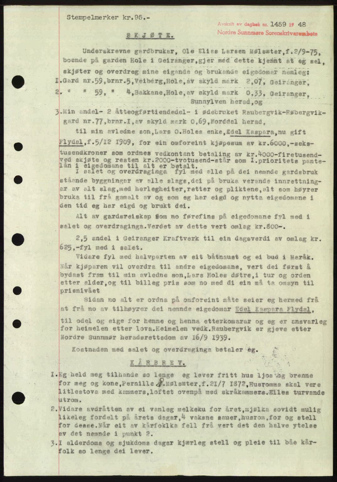 Nordre Sunnmøre sorenskriveri, AV/SAT-A-0006/1/2/2C/2Ca: Mortgage book no. A28, 1948-1948, Diary no: : 1459/1948