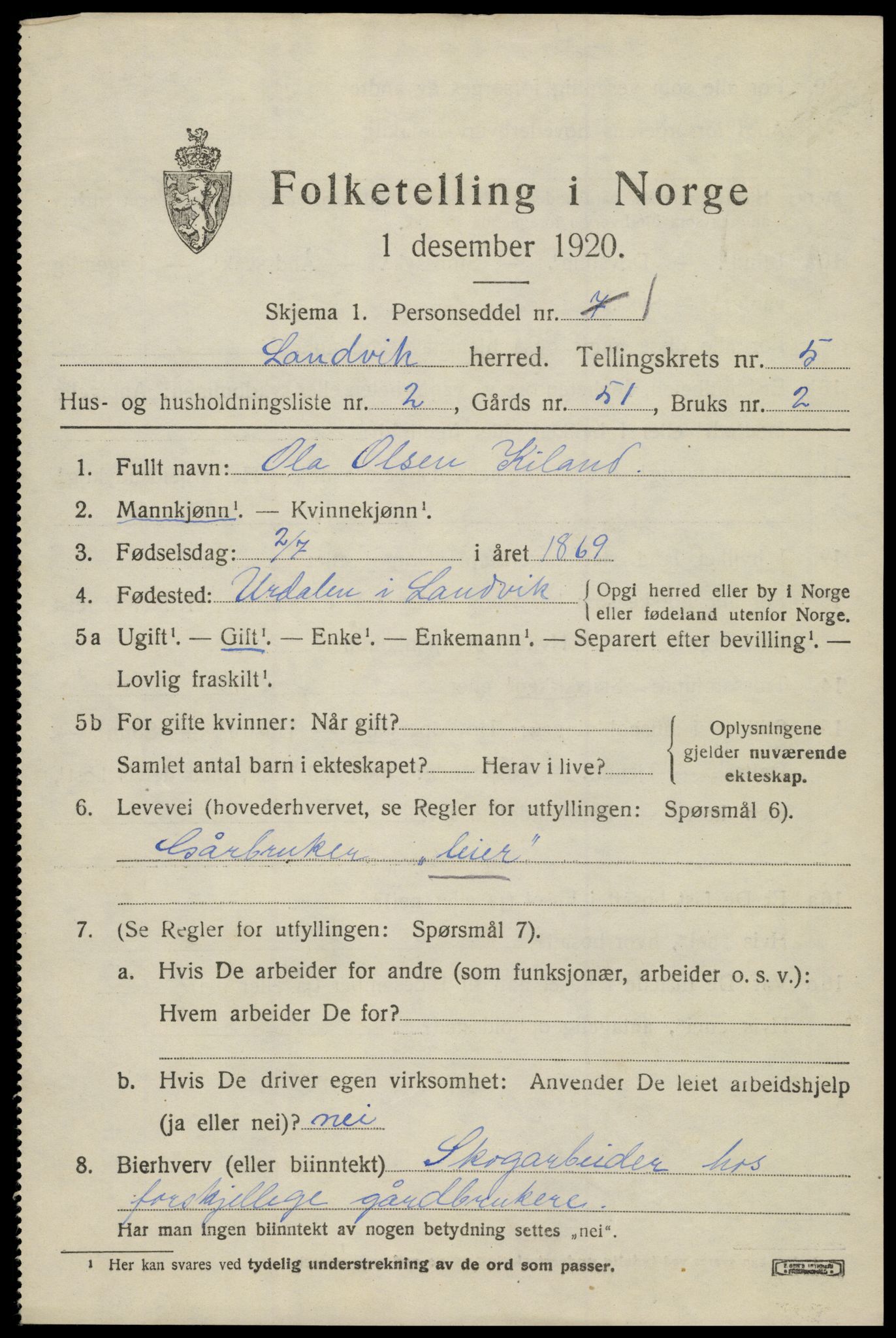 SAK, 1920 census for Landvik, 1920, p. 4020
