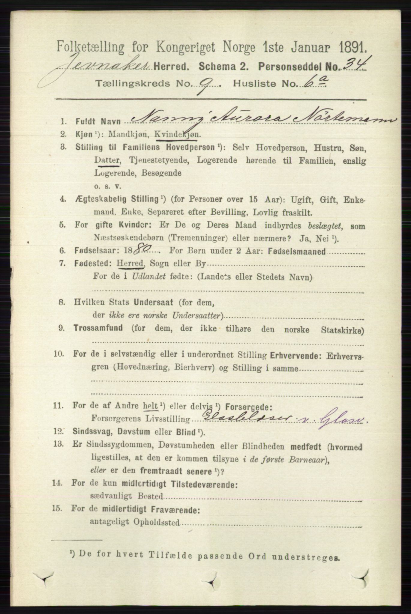 RA, 1891 census for 0532 Jevnaker, 1891, p. 5074