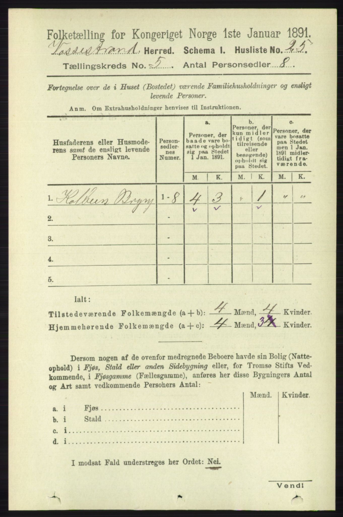 RA, 1891 census for 1236 Vossestrand, 1891, p. 1875