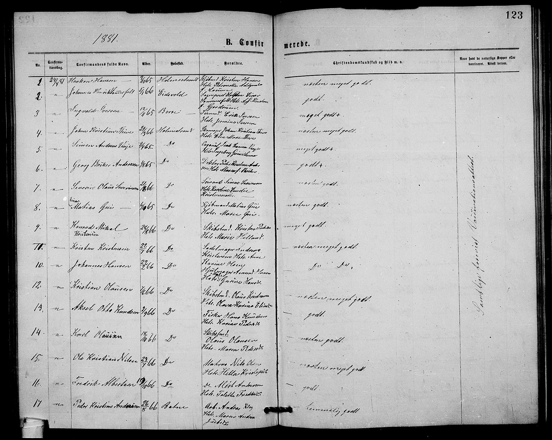 Holmestrand kirkebøker, AV/SAKO-A-346/G/Ga/L0004: Parish register (copy) no. 4, 1874-1888, p. 123