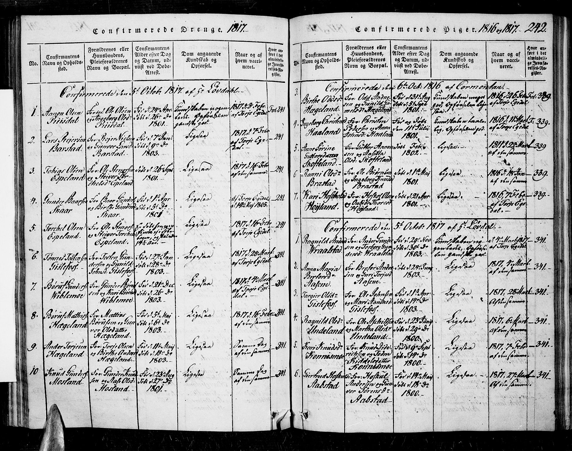 Nord-Audnedal sokneprestkontor, AV/SAK-1111-0032/F/Fa/Faa/L0001: Parish register (official) no. A 1, 1815-1856, p. 242