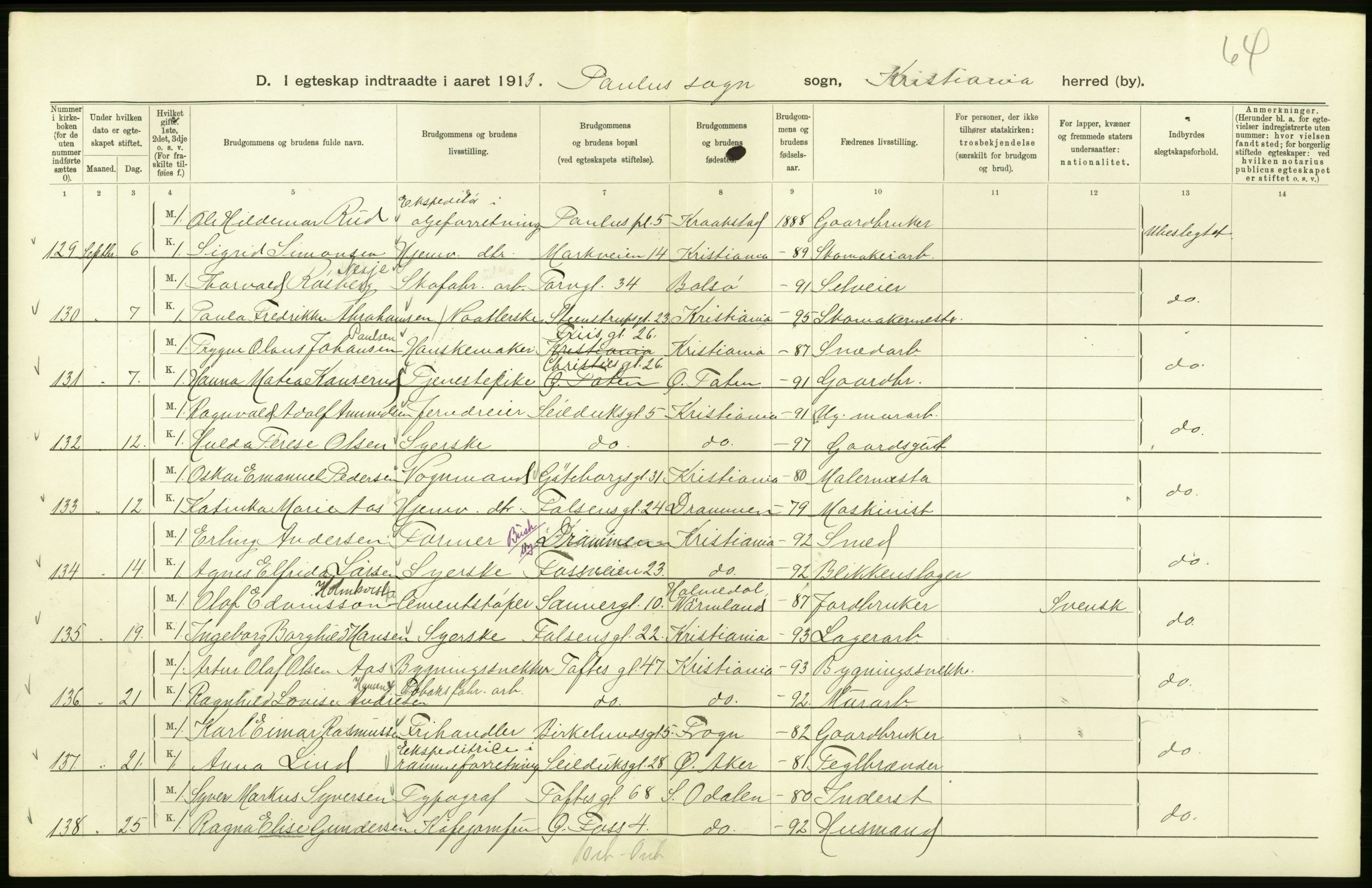 Statistisk sentralbyrå, Sosiodemografiske emner, Befolkning, AV/RA-S-2228/D/Df/Dfb/Dfbc/L0008: Kristiania: Gifte., 1913, p. 302