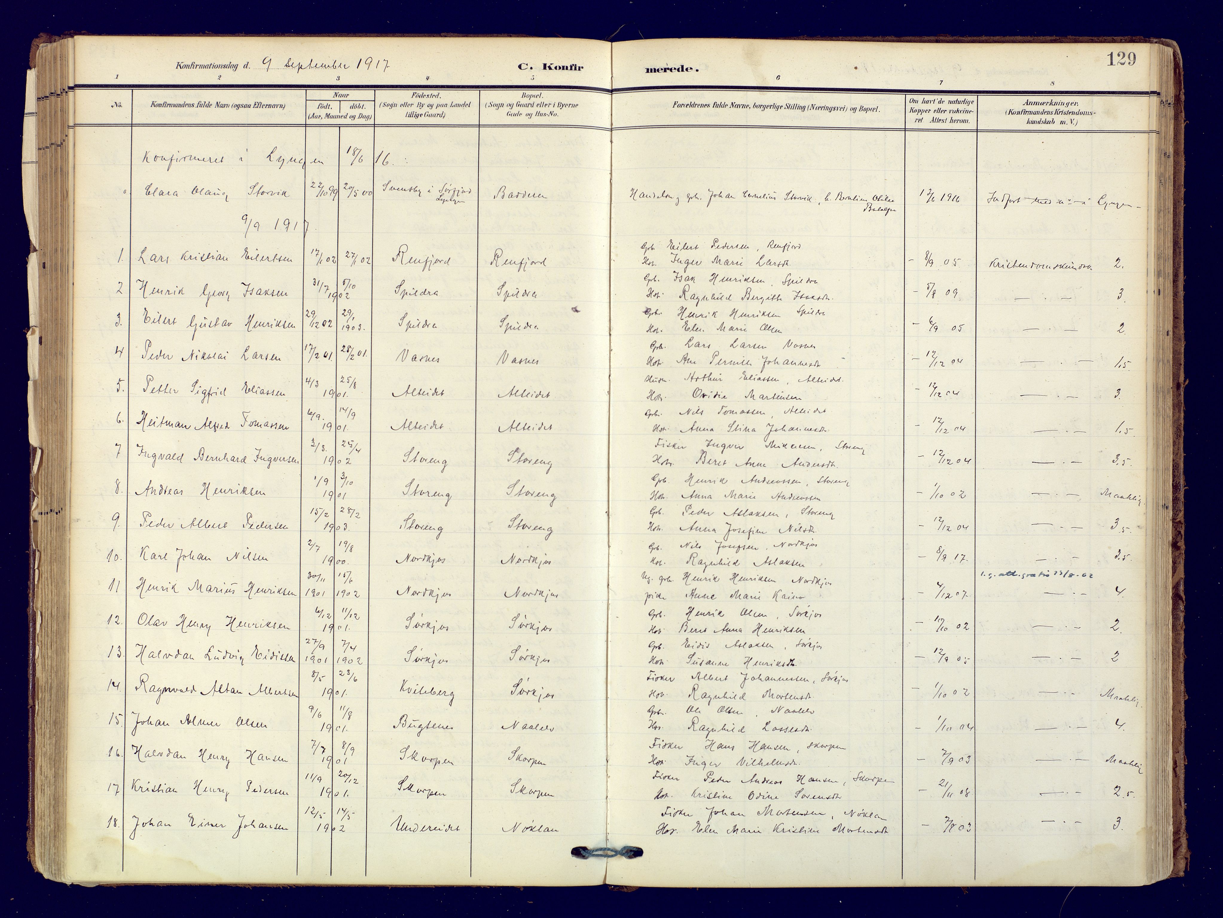 Skjervøy sokneprestkontor, SATØ/S-1300/H/Ha/Haa: Parish register (official) no. 19, 1908-1936, p. 129