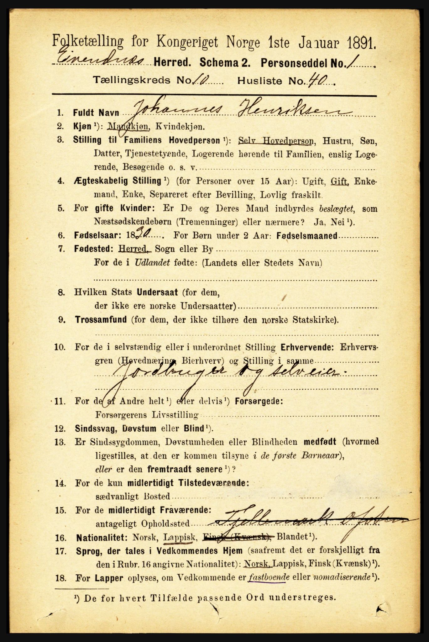 RA, 1891 census for 1853 Evenes, 1891, p. 3413