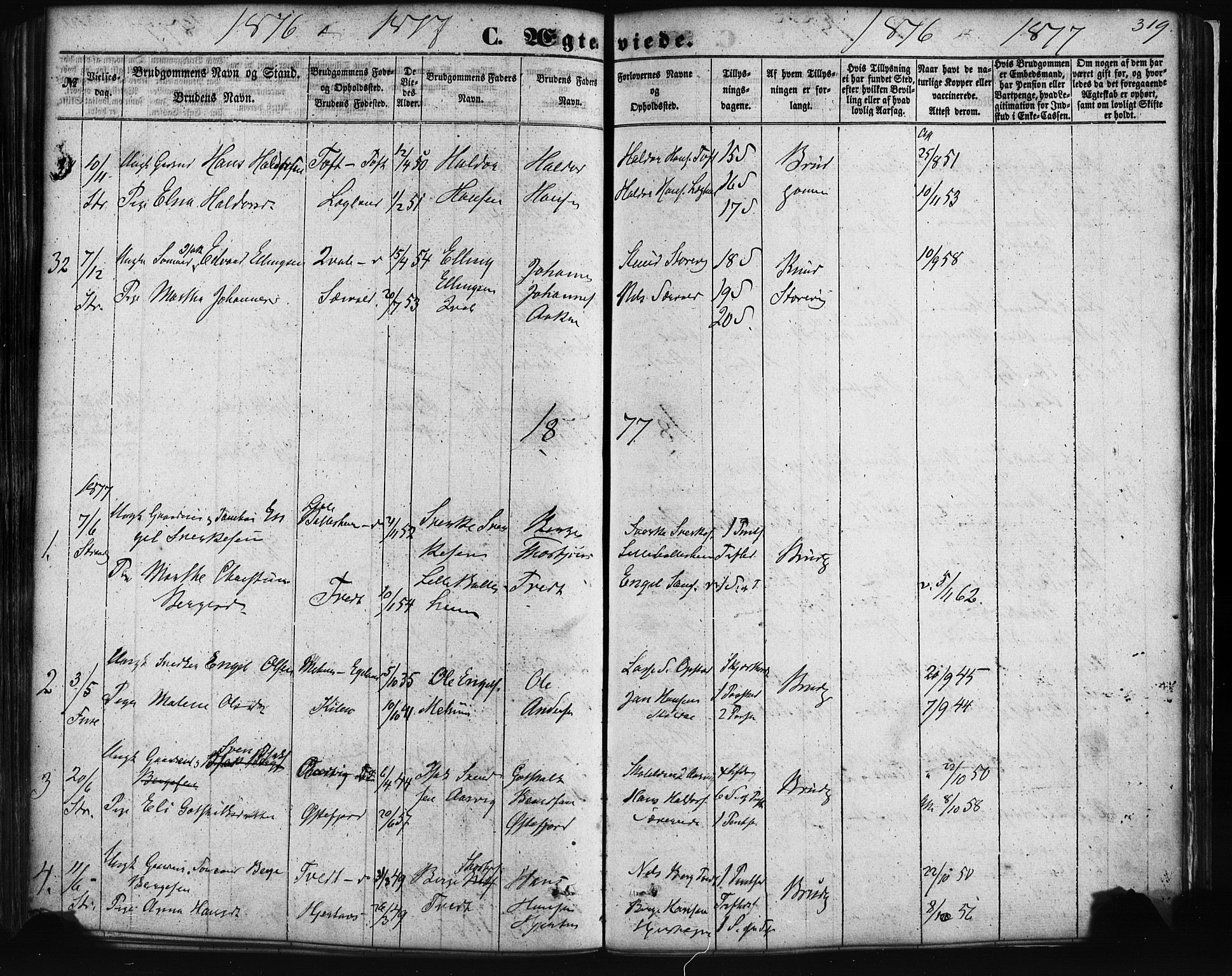 Fusa sokneprestembete, AV/SAB-A-75401/H/Haa: Parish register (official) no. A 1I, 1855-1879, p. 319