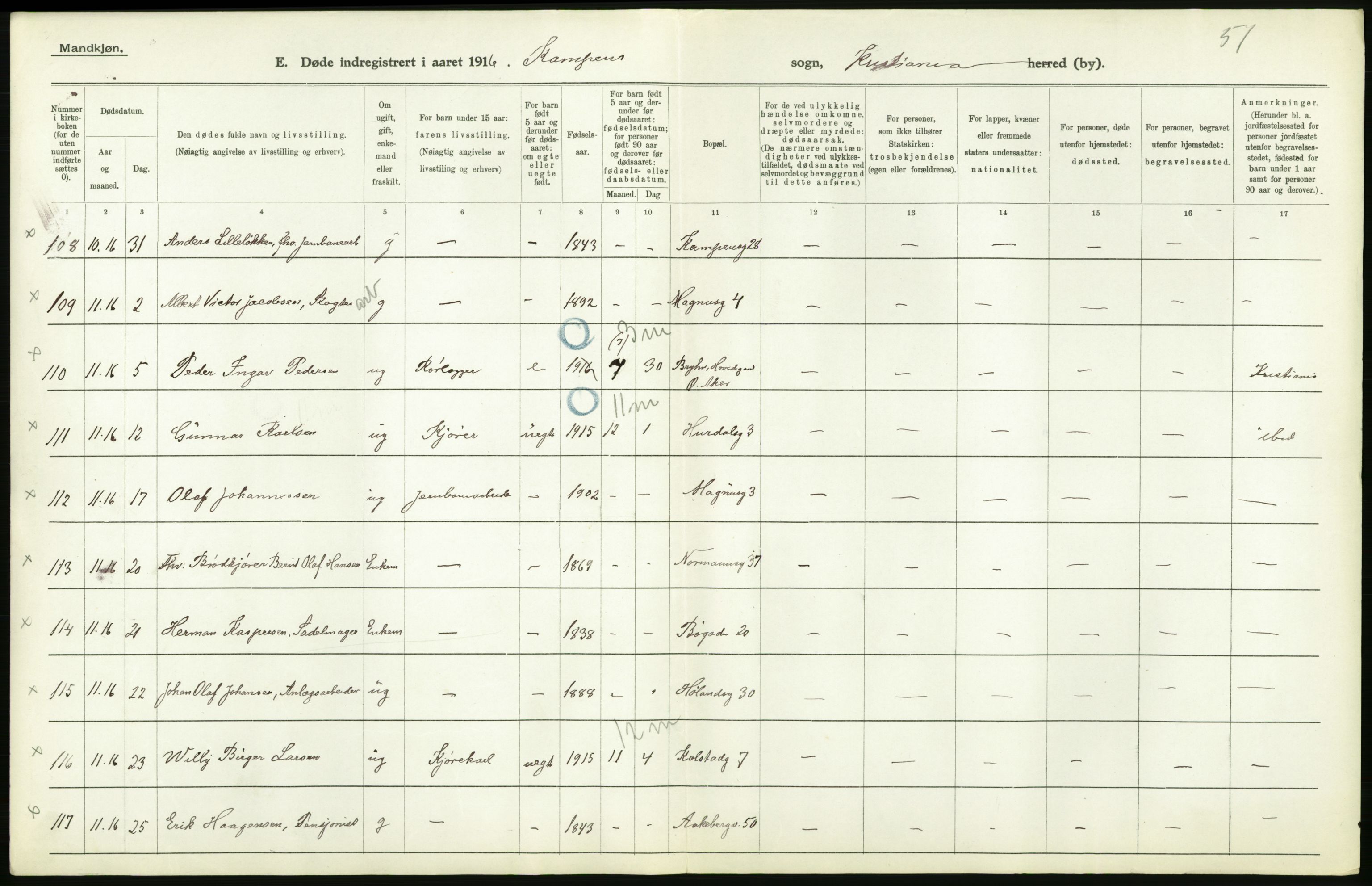 Statistisk sentralbyrå, Sosiodemografiske emner, Befolkning, RA/S-2228/D/Df/Dfb/Dfbf/L0009: Kristiania: Døde., 1916, p. 186