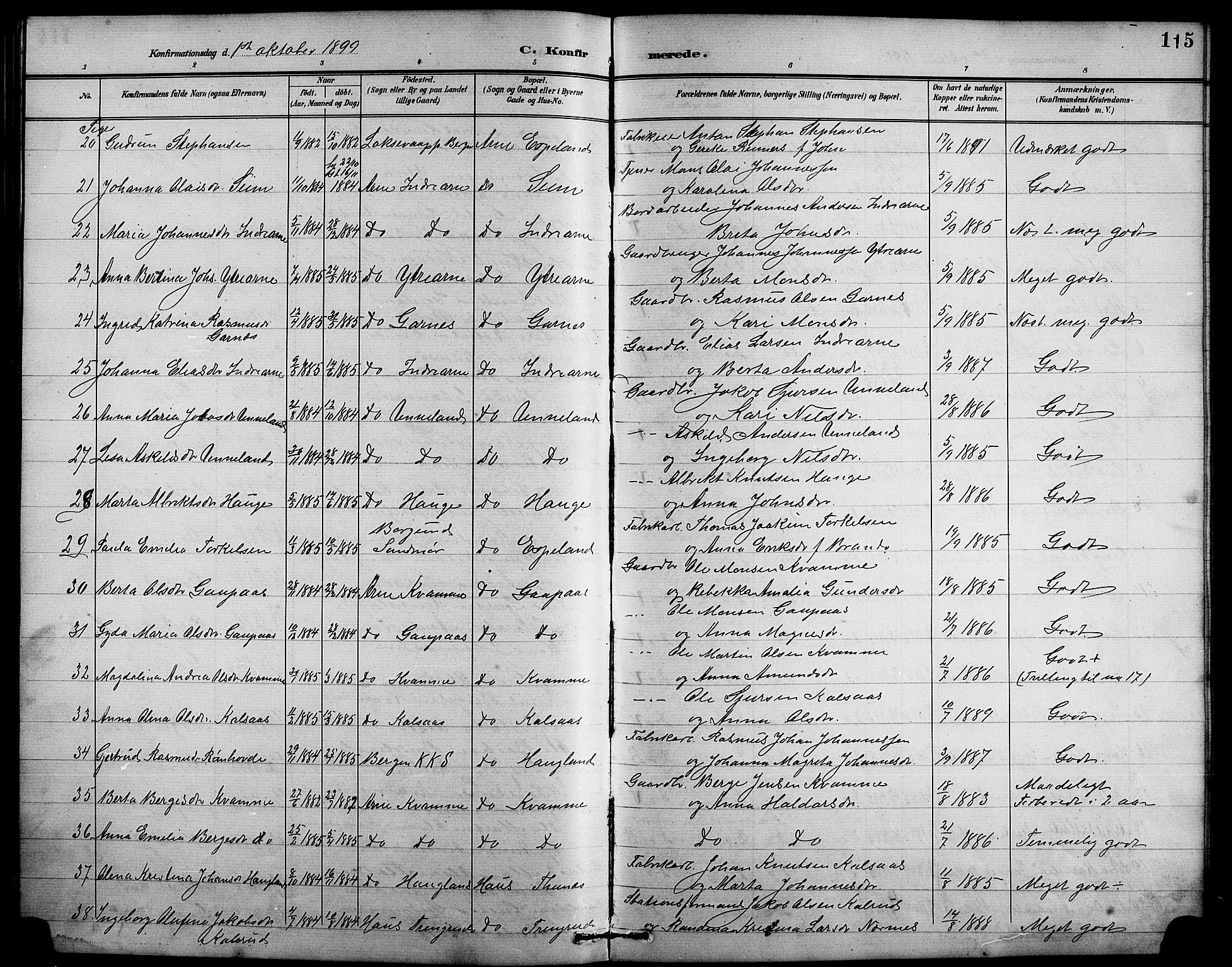 Arna Sokneprestembete, SAB/A-74001/H/Ha/Hab: Parish register (copy) no. A 4, 1898-1910, p. 115