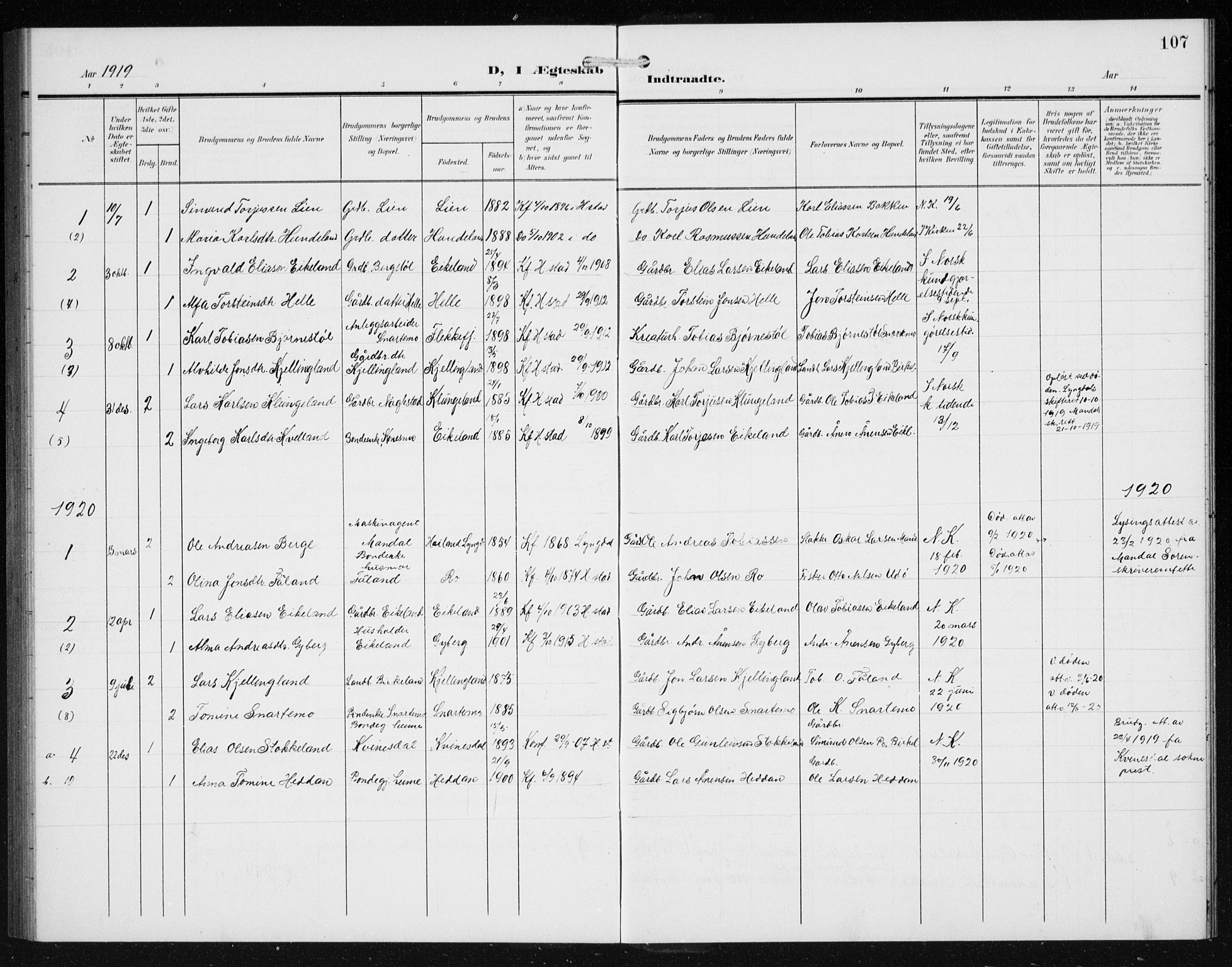 Hægebostad sokneprestkontor, SAK/1111-0024/F/Fb/Fba/L0005: Parish register (copy) no. B 5, 1907-1931, p. 107
