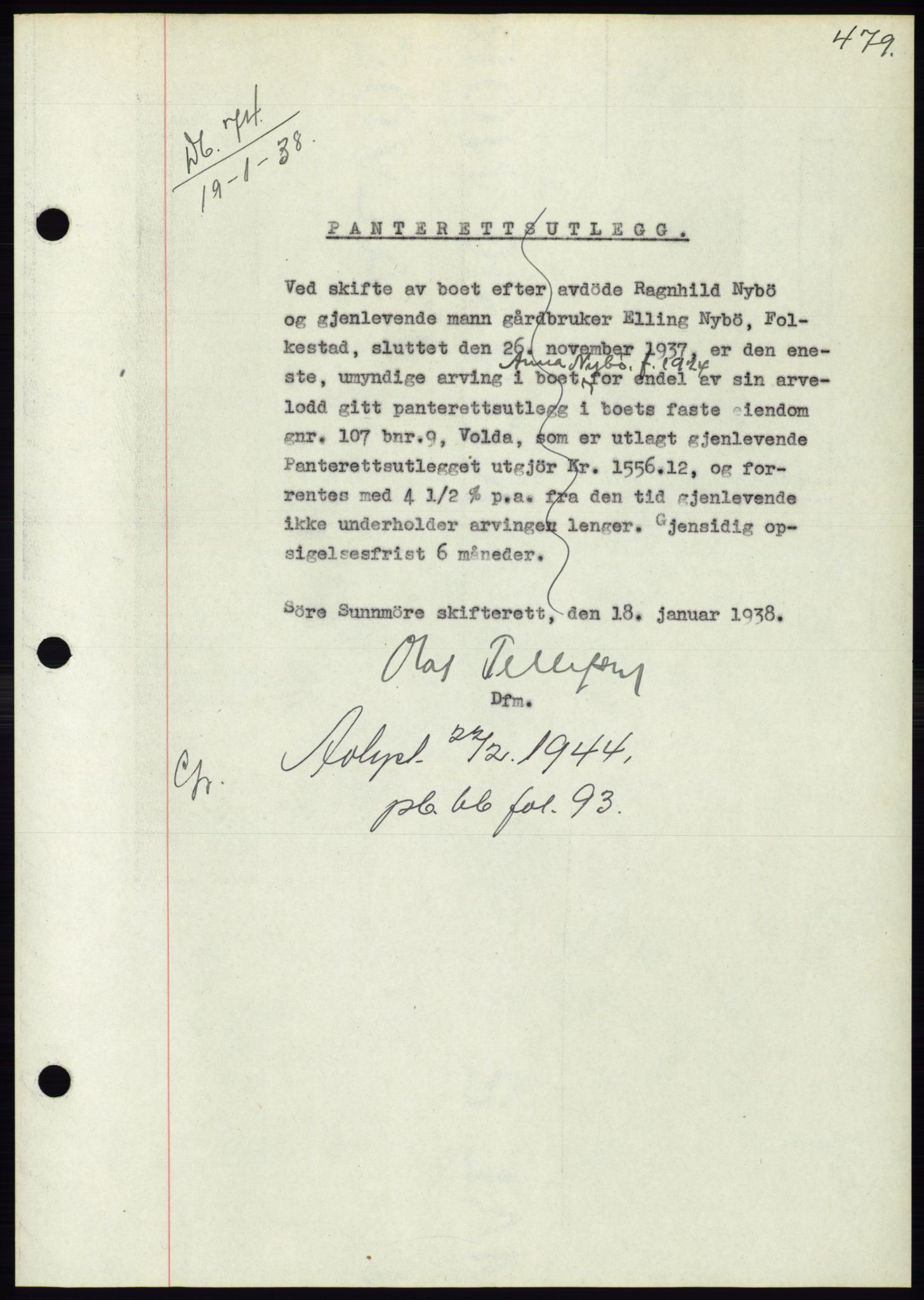 Søre Sunnmøre sorenskriveri, AV/SAT-A-4122/1/2/2C/L0064: Mortgage book no. 58, 1937-1938, Diary no: : 74/1938