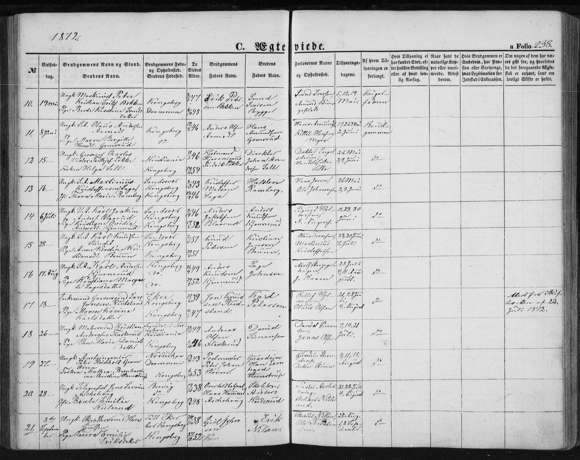 Kongsberg kirkebøker, AV/SAKO-A-22/F/Fa/L0010: Parish register (official) no. I 10, 1859-1875, p. 238