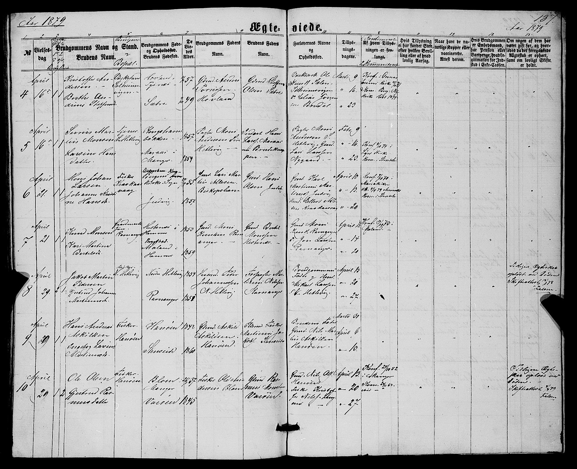 Askøy Sokneprestembete, AV/SAB-A-74101/H/Ha/Hab/Haba/L0006: Parish register (copy) no. A 6, 1861-1881, p. 137