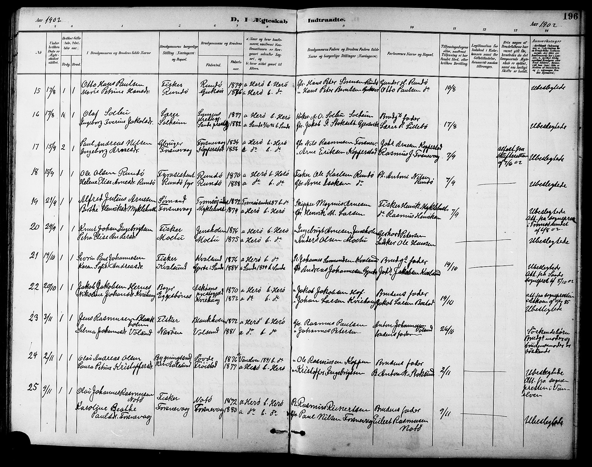 Ministerialprotokoller, klokkerbøker og fødselsregistre - Møre og Romsdal, SAT/A-1454/507/L0082: Parish register (copy) no. 507C05, 1896-1914, p. 196