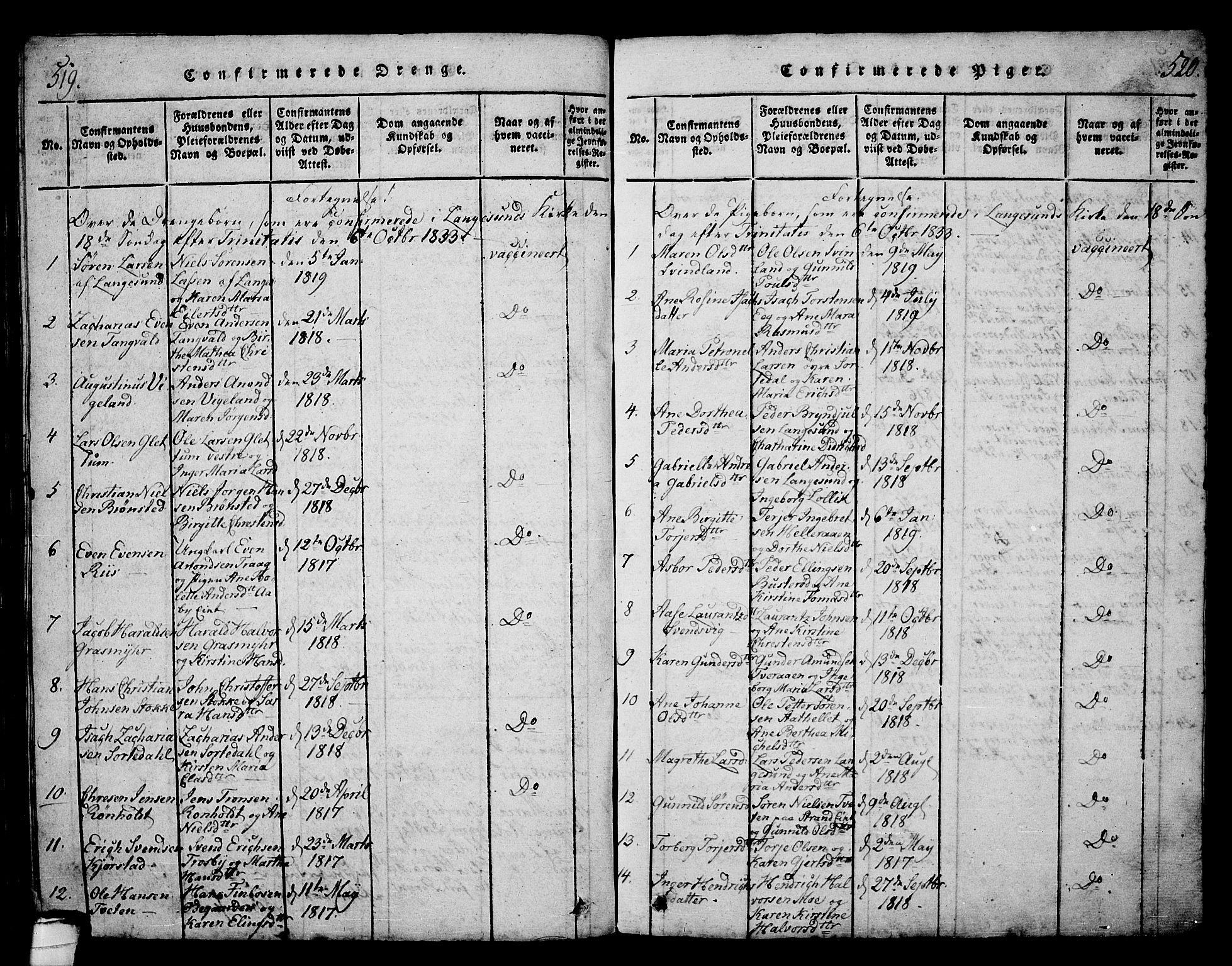 Langesund kirkebøker, AV/SAKO-A-280/G/Ga/L0003: Parish register (copy) no. 3, 1815-1858, p. 519-520