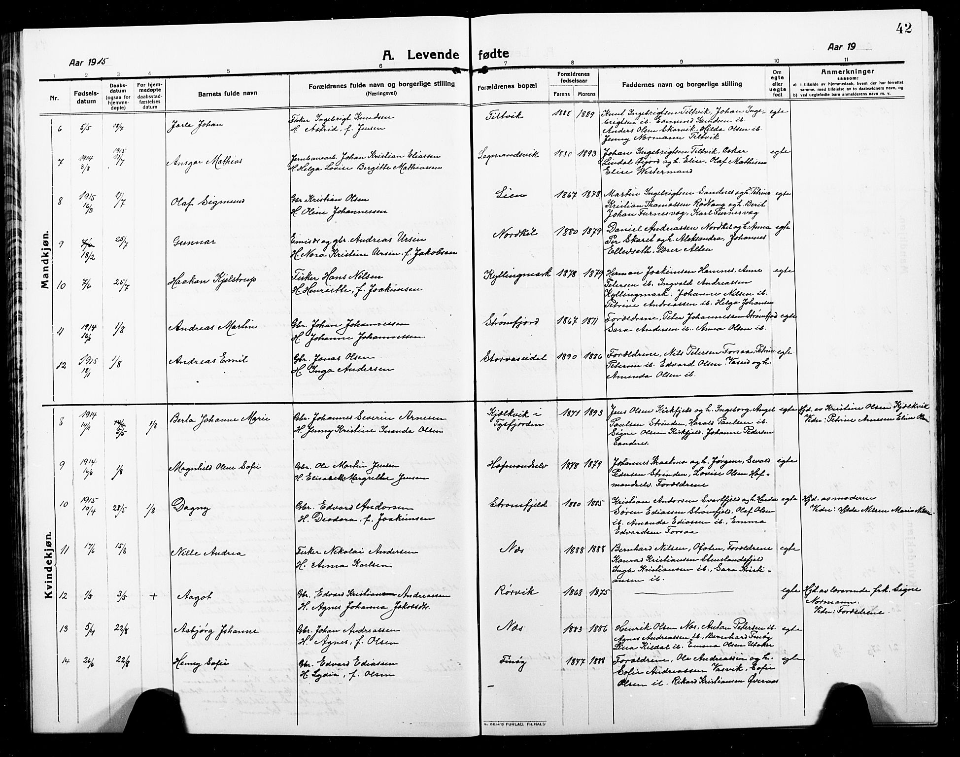 Ministerialprotokoller, klokkerbøker og fødselsregistre - Nordland, AV/SAT-A-1459/859/L0861: Parish register (copy) no. 859C07, 1910-1925, p. 42