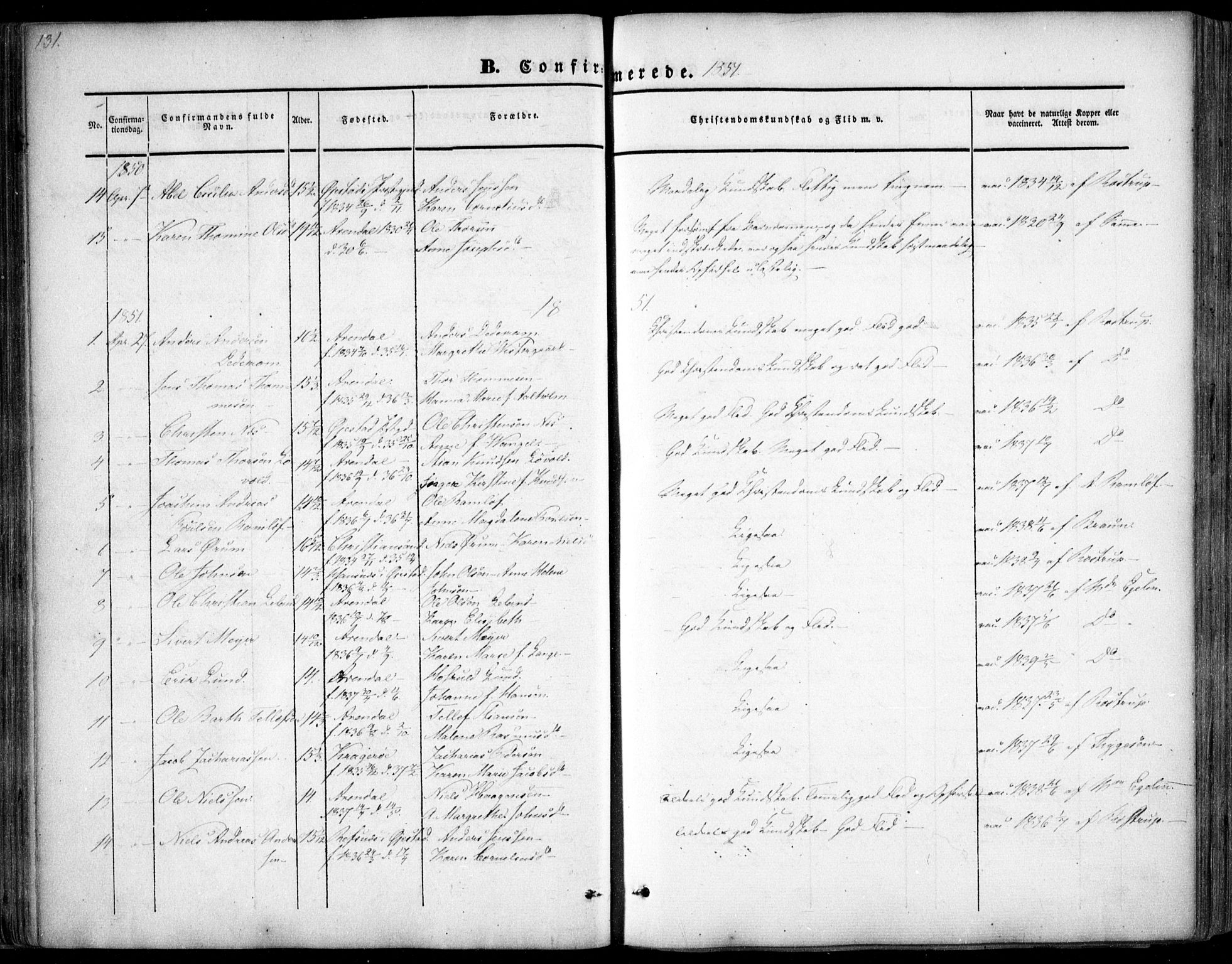 Arendal sokneprestkontor, Trefoldighet, SAK/1111-0040/F/Fa/L0005: Parish register (official) no. A 5, 1838-1854, p. 131