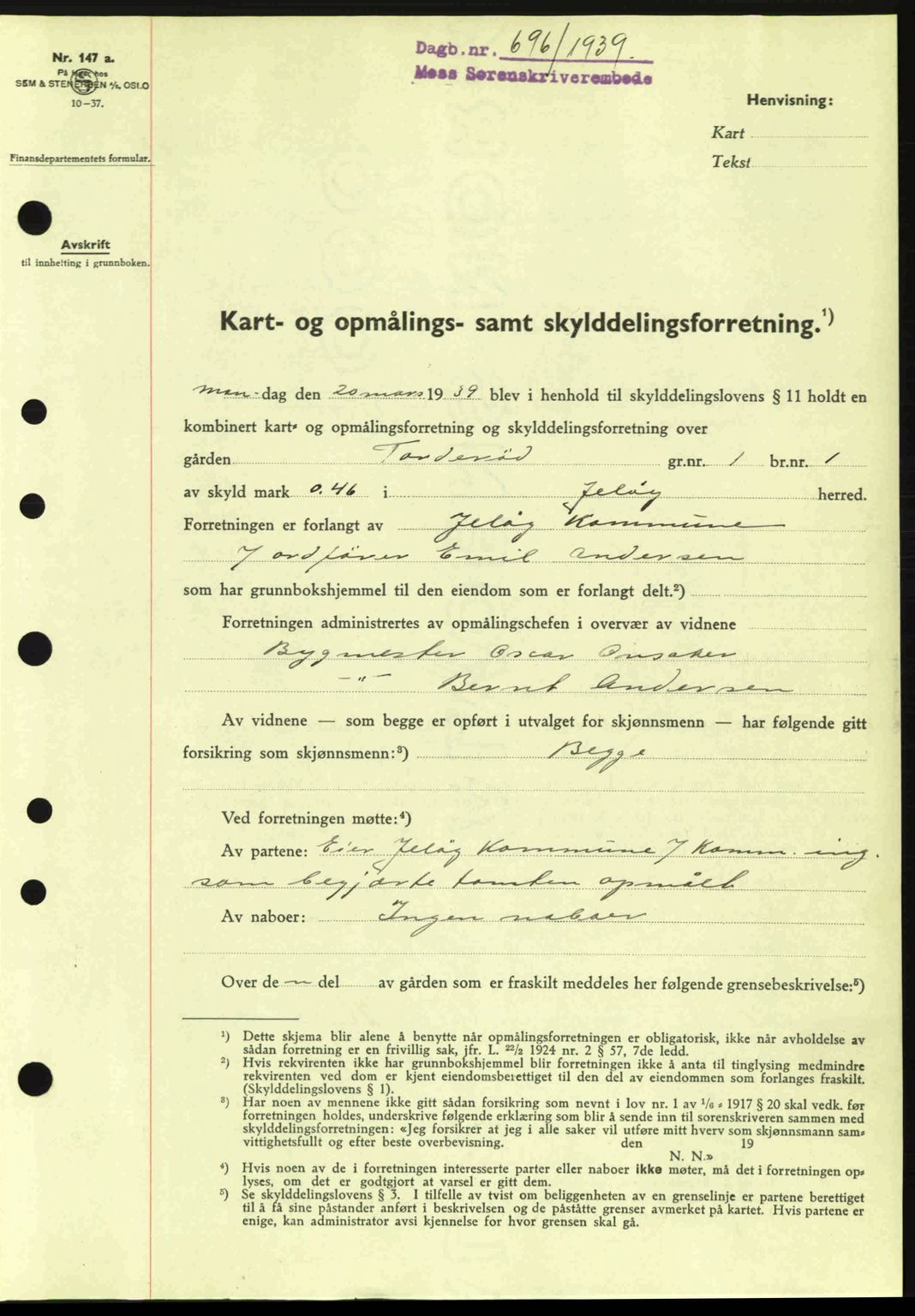 Moss sorenskriveri, SAO/A-10168: Mortgage book no. A5, 1938-1939, Diary no: : 696/1939