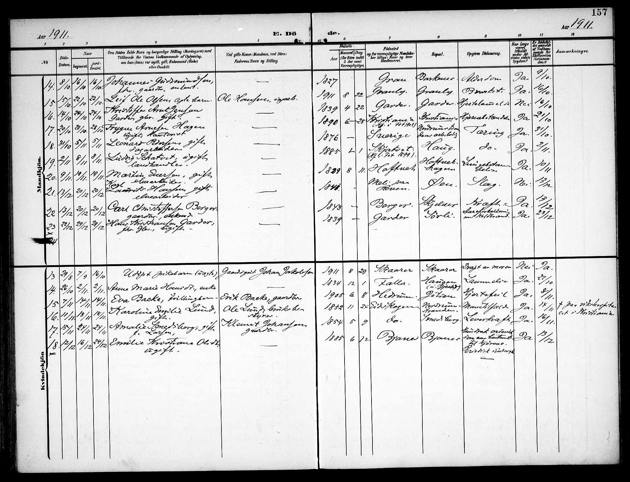 Fet prestekontor Kirkebøker, SAO/A-10370a/F/Fa/L0016: Parish register (official) no. I 16, 1905-1914, p. 157