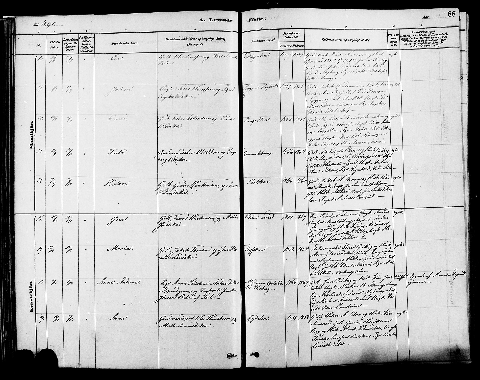 Alvdal prestekontor, AV/SAH-PREST-060/H/Ha/Hab/L0003: Parish register (copy) no. 3, 1878-1907, p. 88