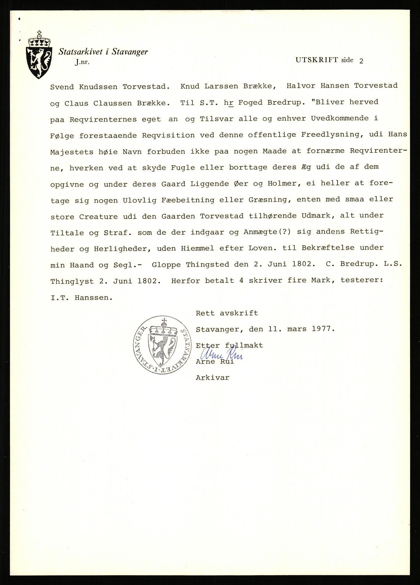 Statsarkivet i Stavanger, AV/SAST-A-101971/03/Y/Yj/L0088: Avskrifter sortert etter gårdsnavn: Todneim - Tuestad, 1750-1930, p. 289