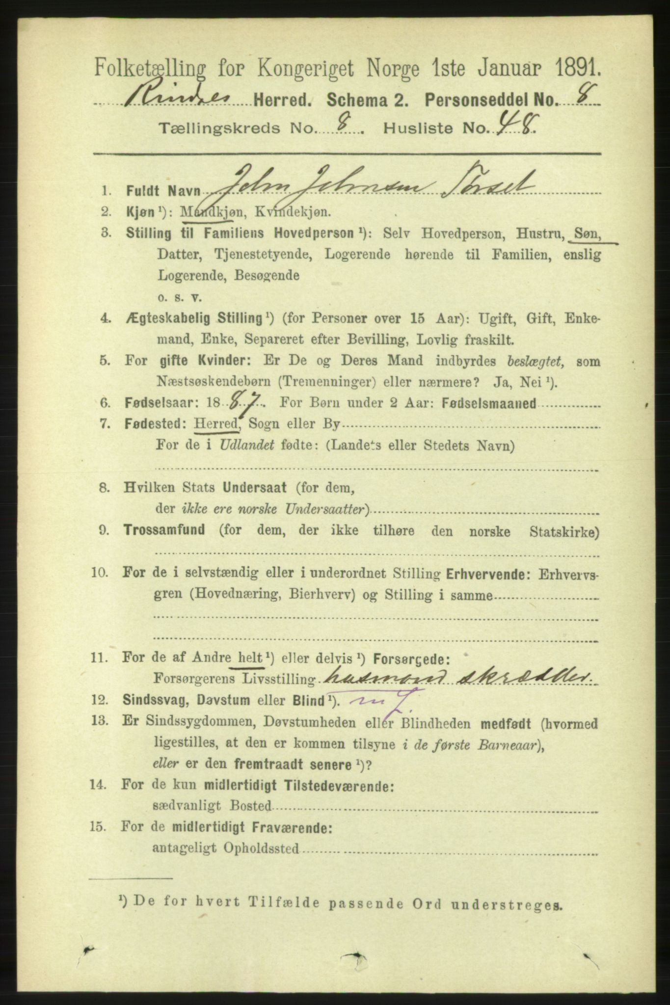 RA, 1891 census for 1567 Rindal, 1891, p. 2811