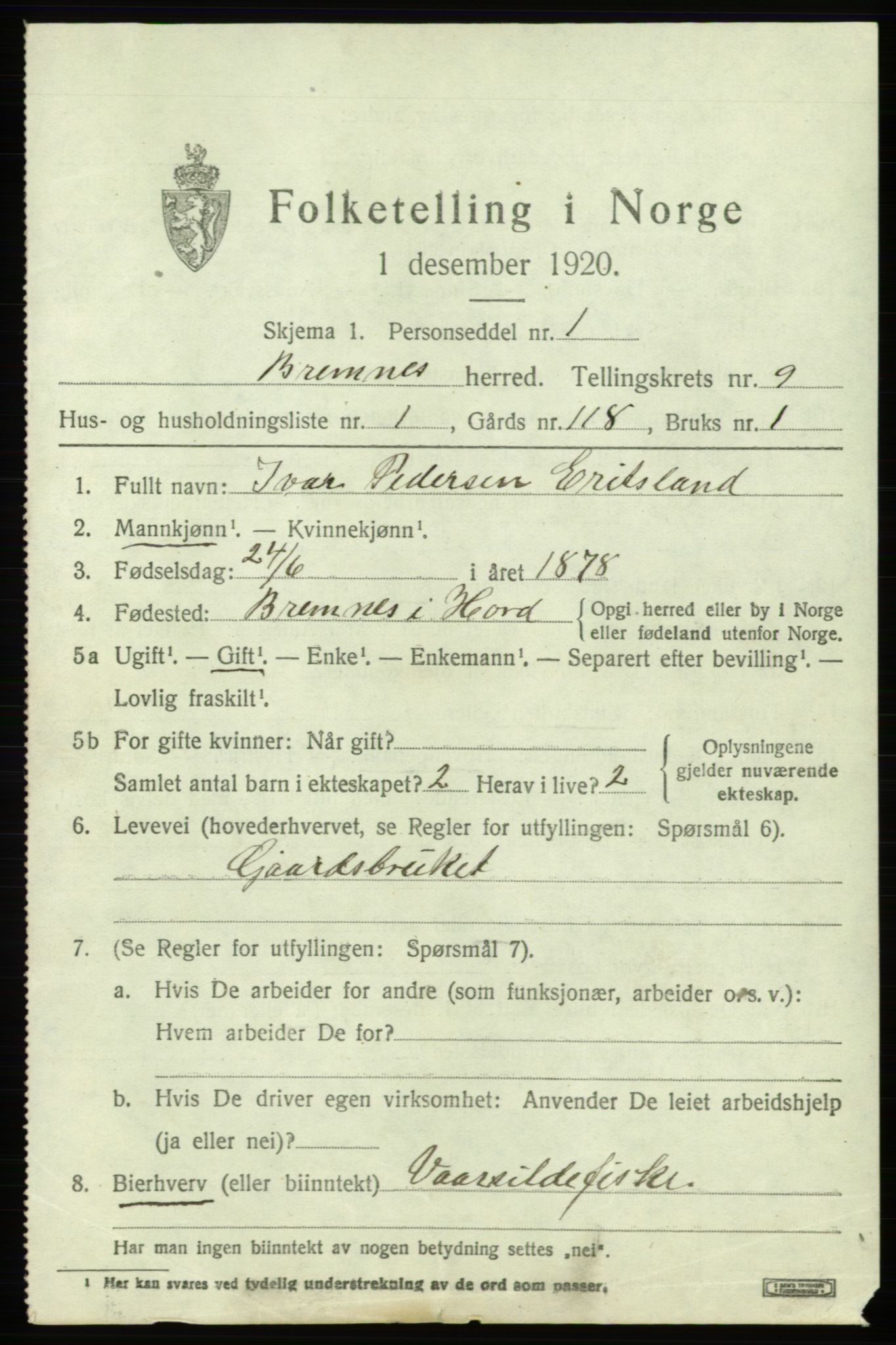 SAB, 1920 census for Bremnes, 1920, p. 6114